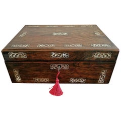 Antique 19th Century British Wood and Mother of Pearl Inlaid Dressing Table Box