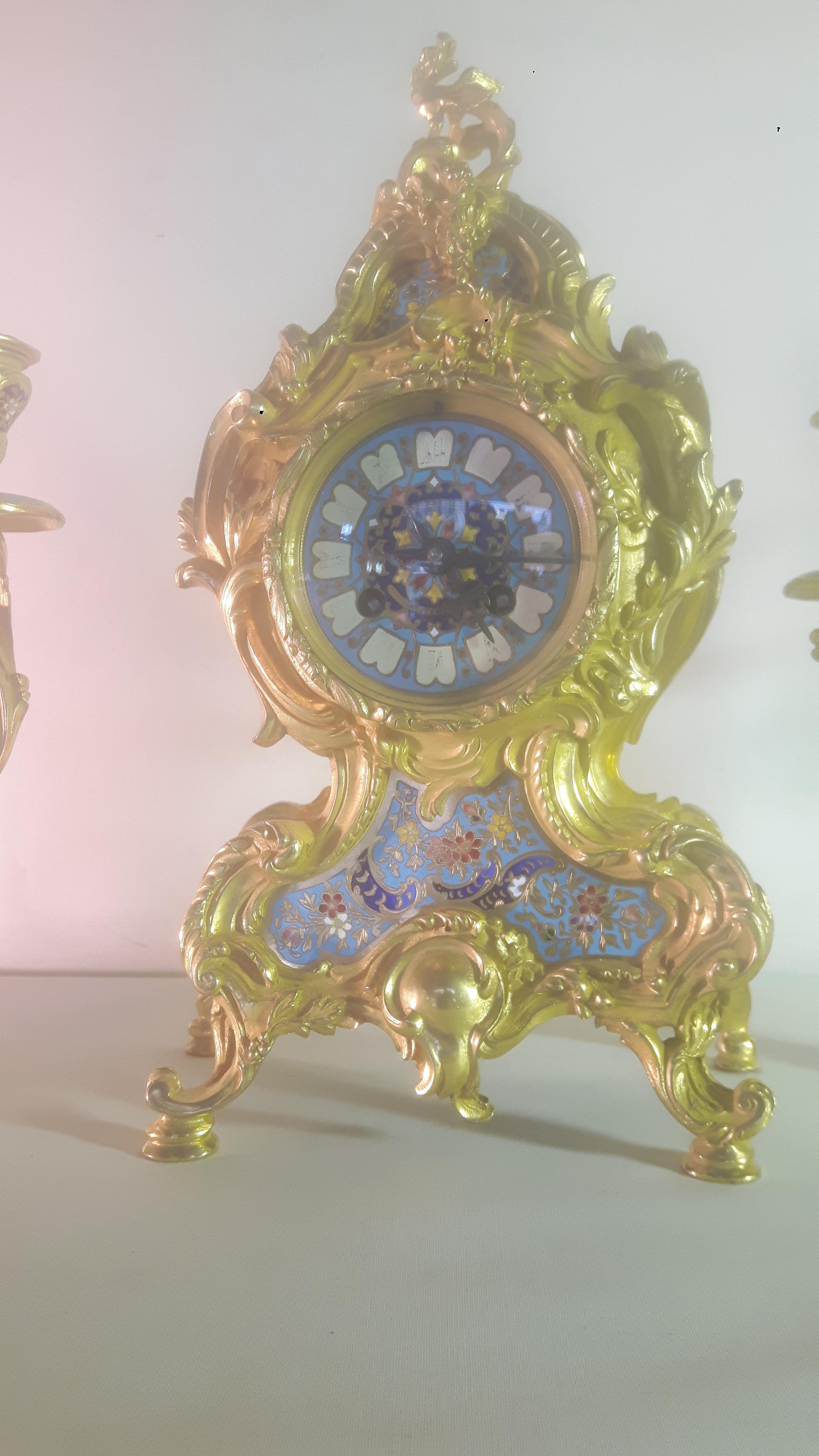 Louis XVI 19th Century Bronze and Champleve Enamel Clock Set For Sale
