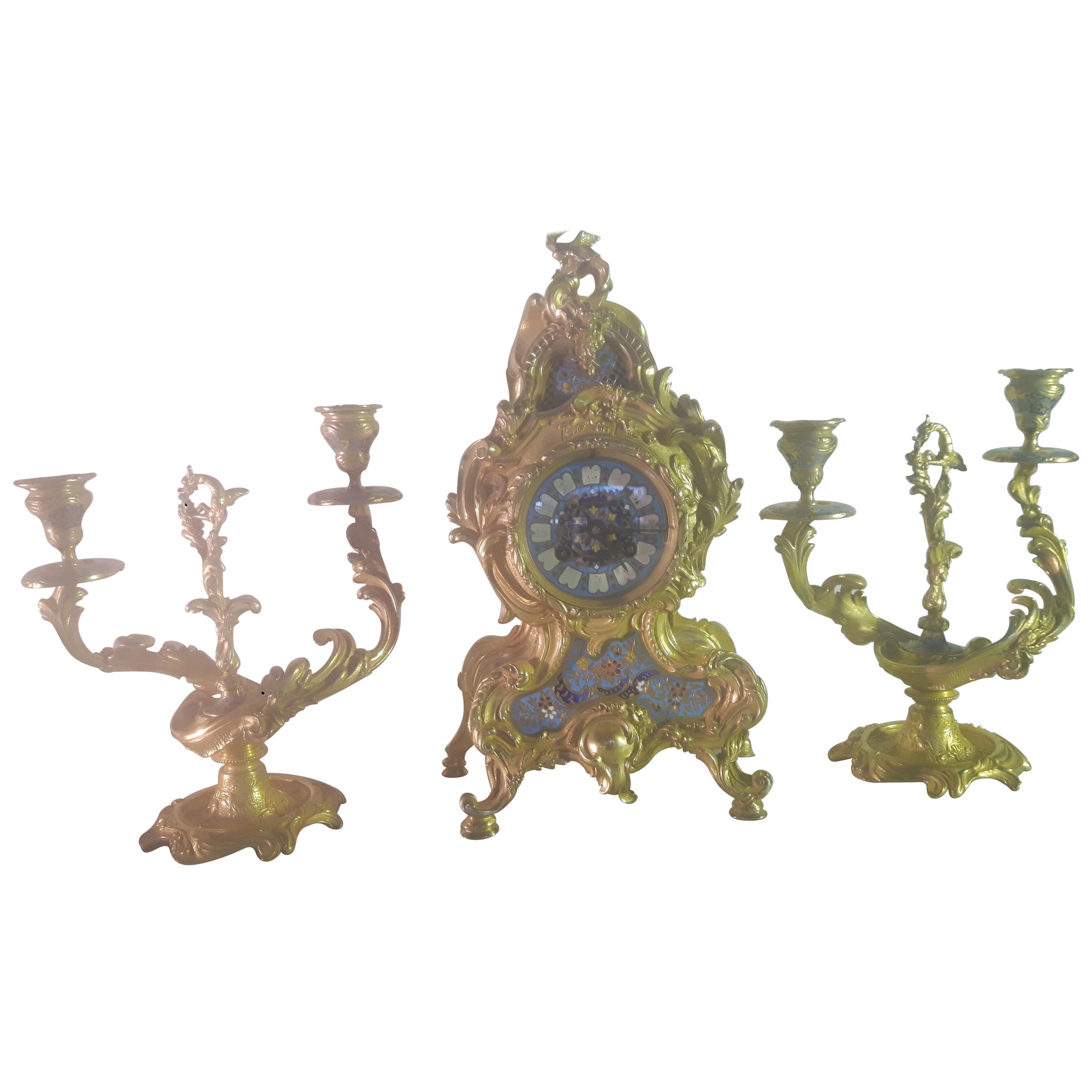 19th Century Bronze and Champleve Enamel Clock Set For Sale