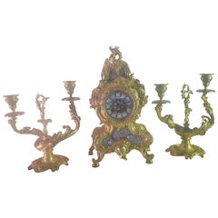 Antique 19th Century Bronze and Champleve Enamel Clock Set