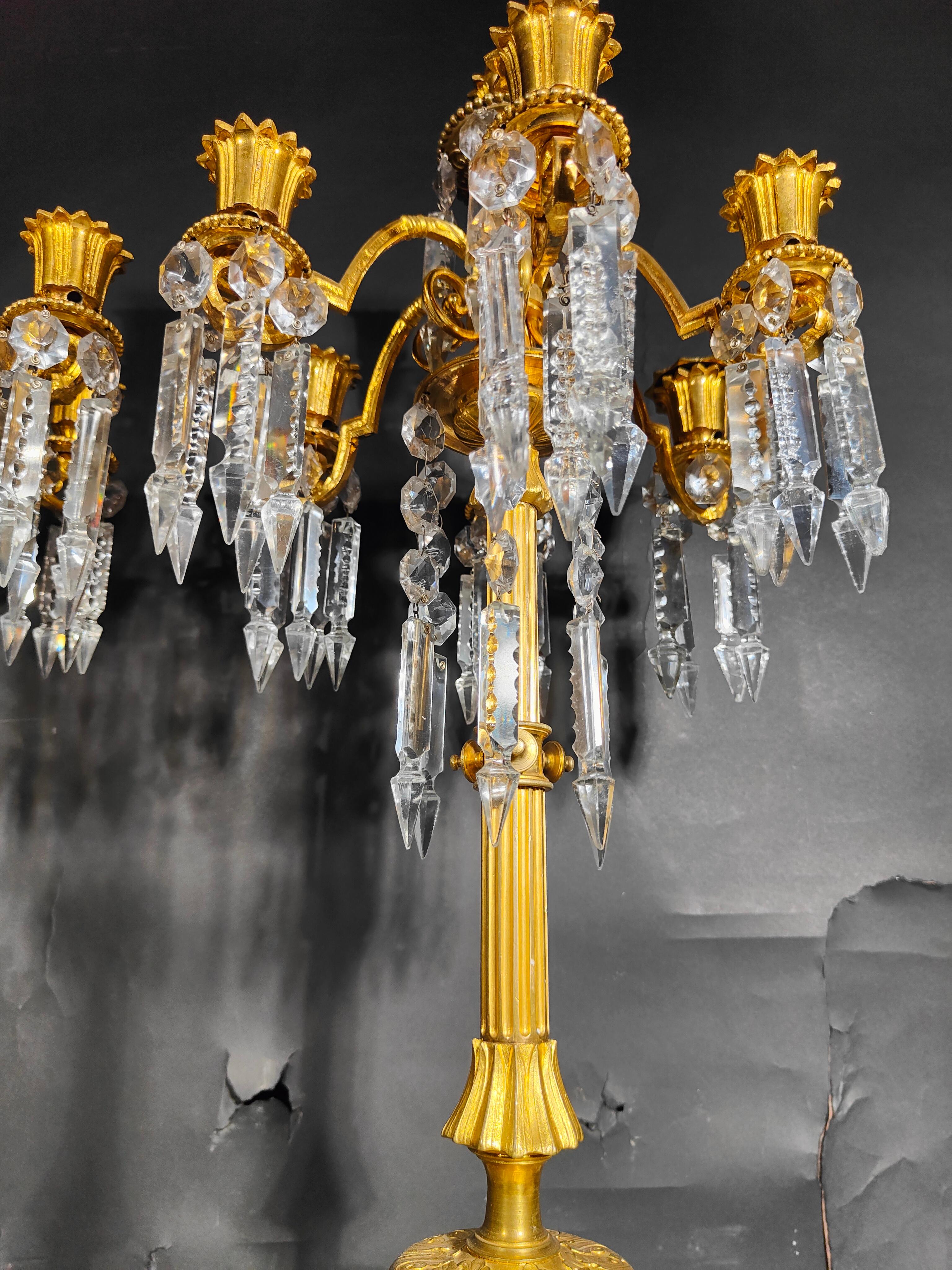 19th Century Bronze and Crystal Candelabra: Gilded Elegance and Wheel-Cut Crysta For Sale 7