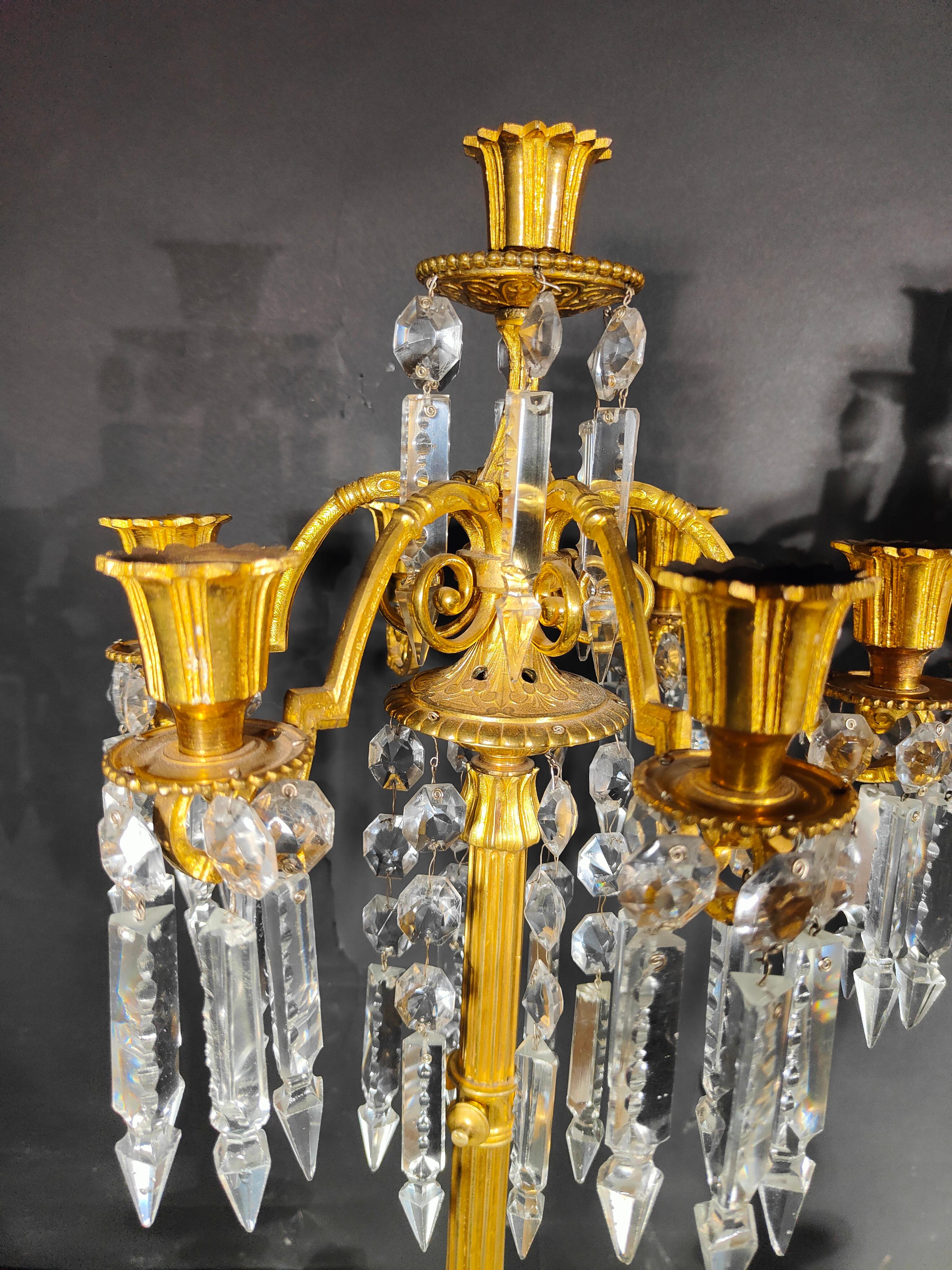 19th Century Bronze and Crystal Candelabra: Gilded Elegance and Wheel-Cut Crysta For Sale 10