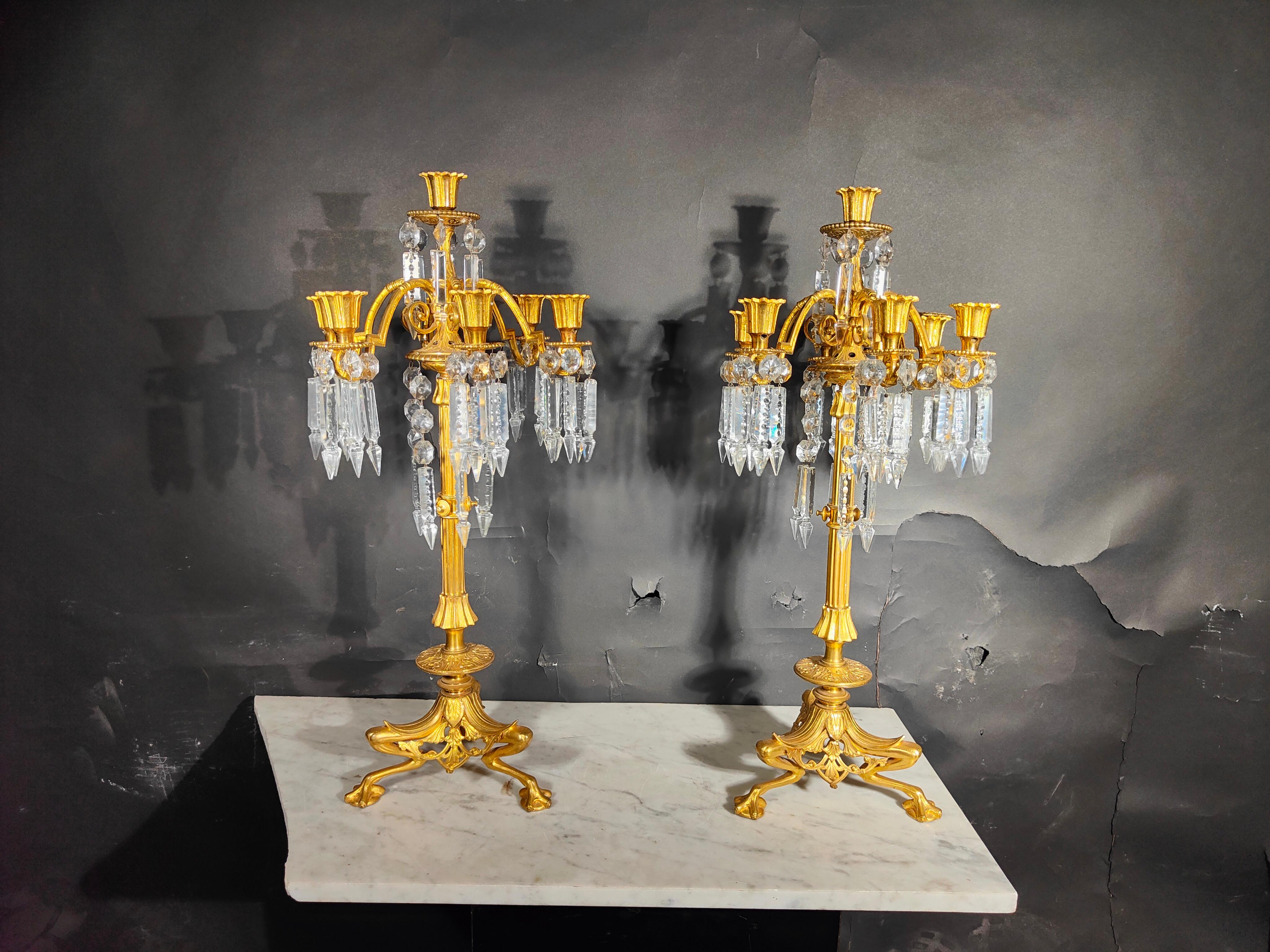 19th Century Bronze and Crystal Candelabra: Gilded Elegance and Wheel-Cut Crysta For Sale 12