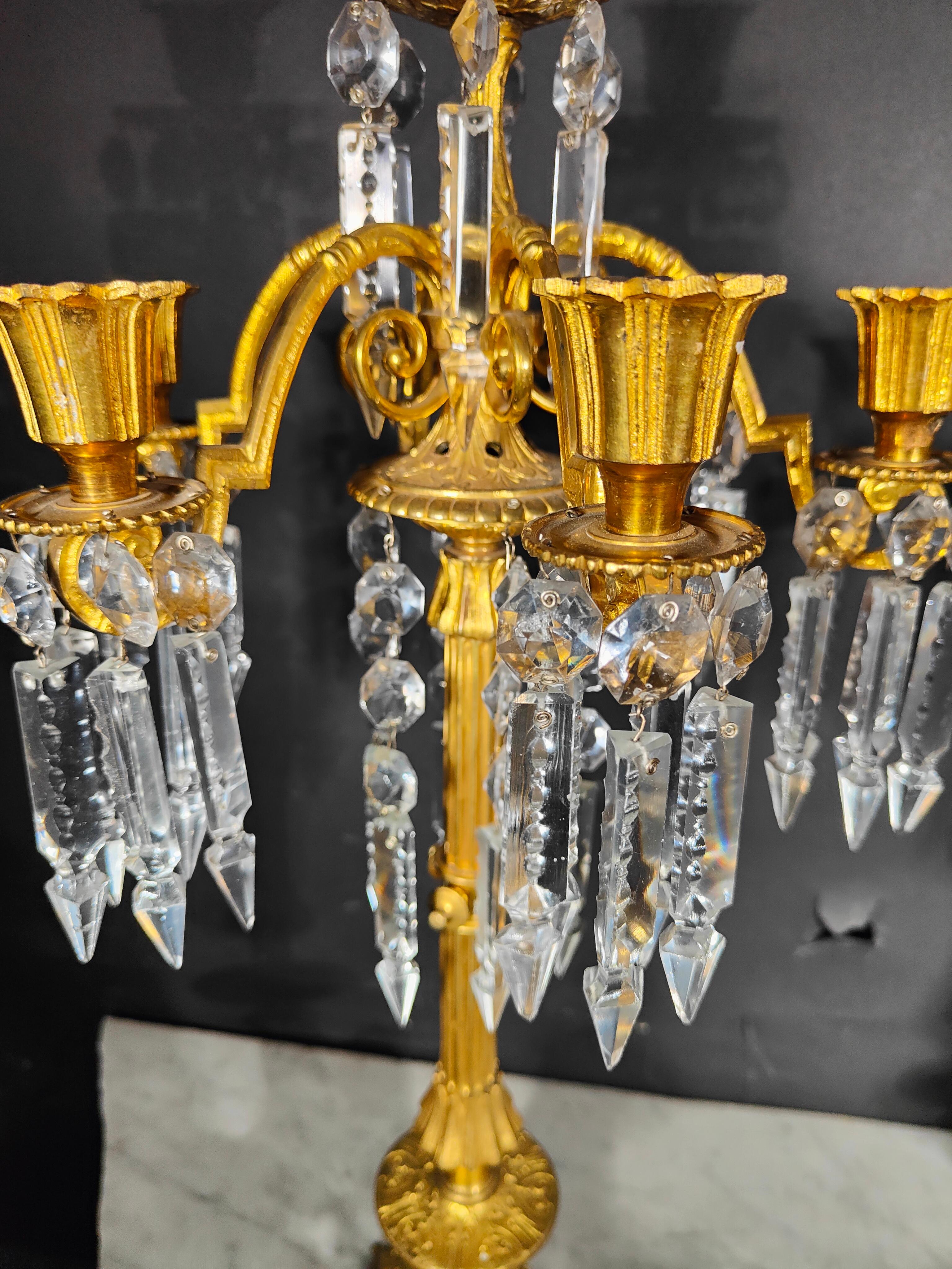 19th Century Bronze and Crystal Candelabra: Gilded Elegance and Wheel-Cut Crysta For Sale 13