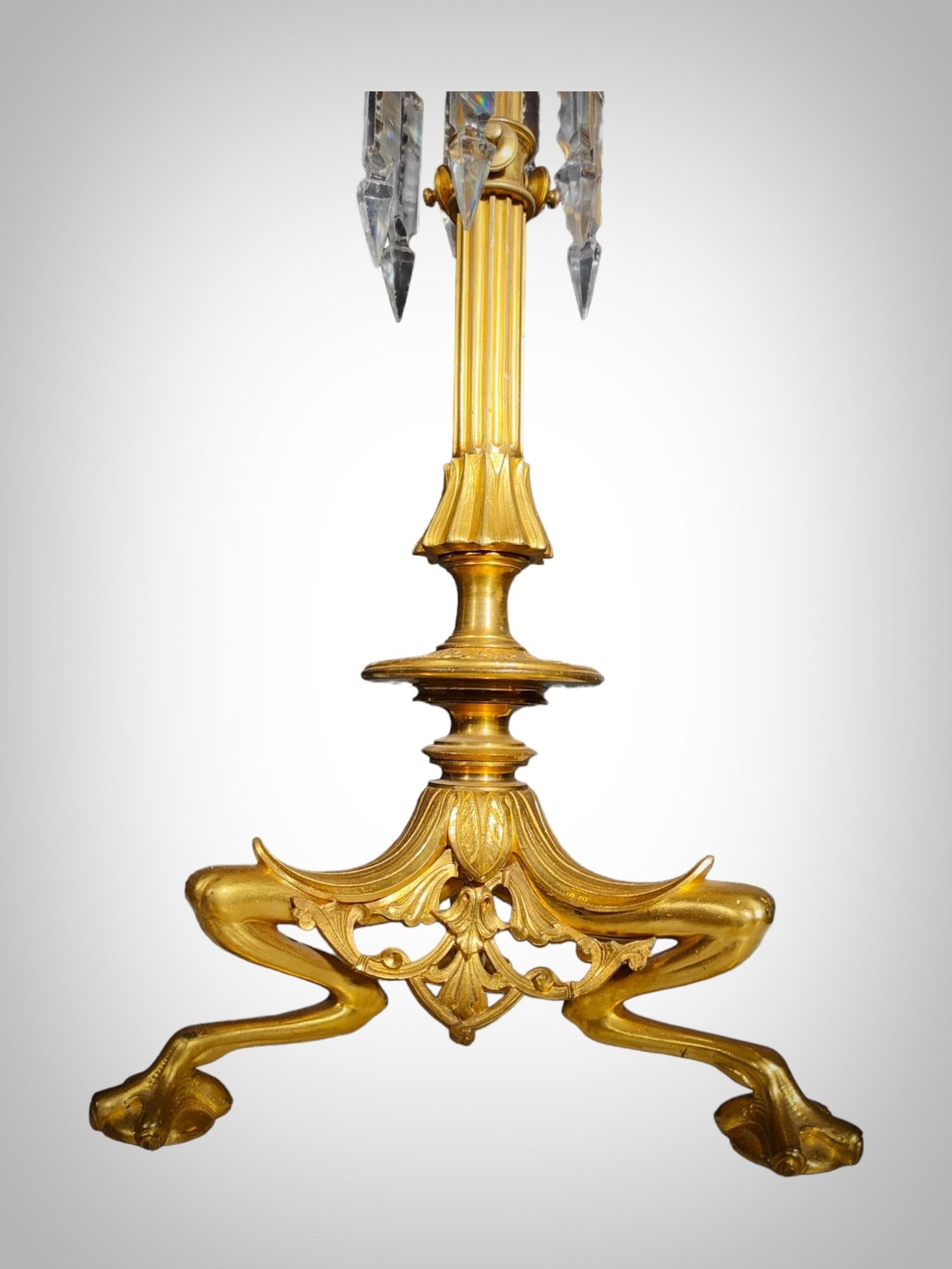 19th Century Bronze and Crystal Candelabra: Gilded Elegance and Wheel-Cut Crysta In Good Condition For Sale In Madrid, ES