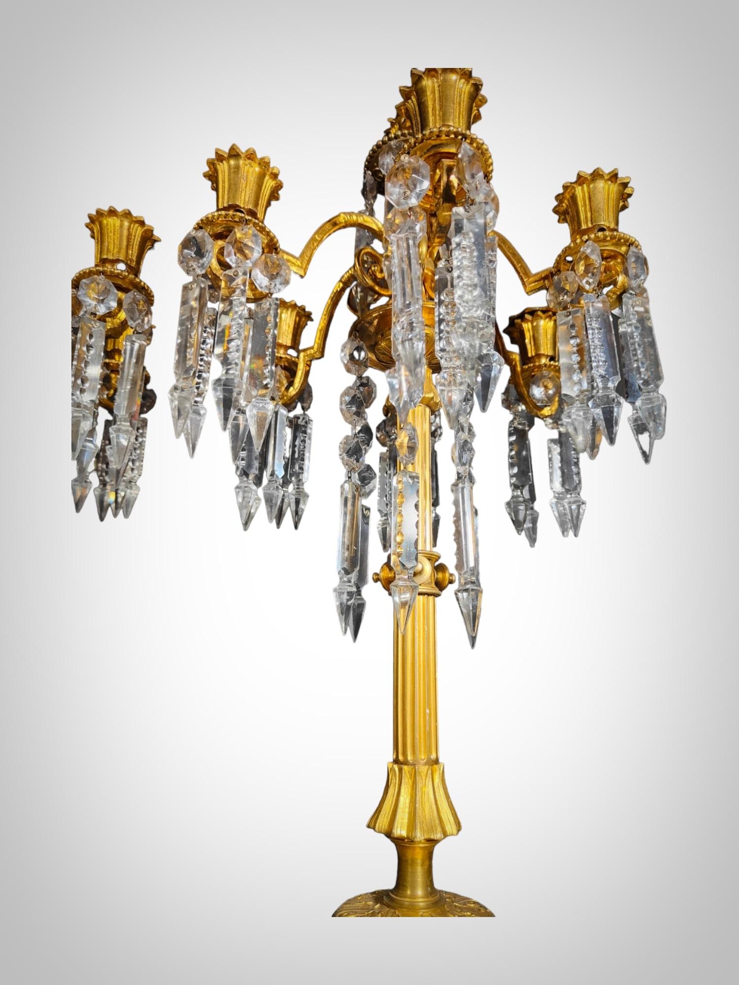 19th Century Bronze and Crystal Candelabra: Gilded Elegance and Wheel-Cut Crysta For Sale 2