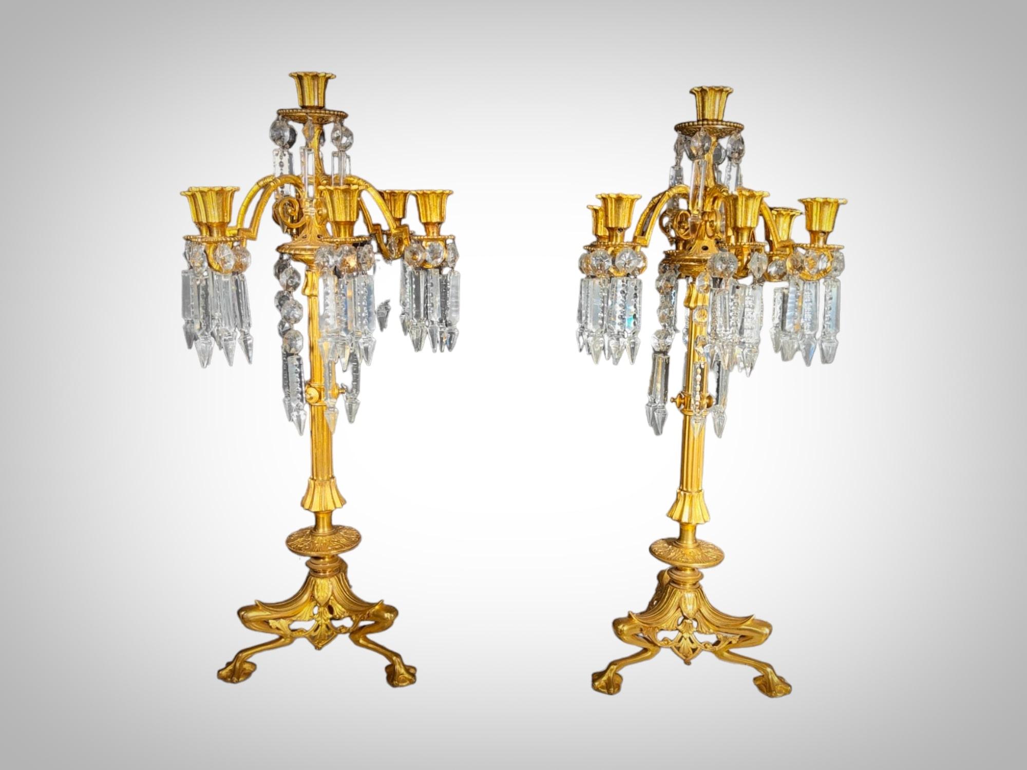 19th Century Bronze and Crystal Candelabra: Gilded Elegance and Wheel-Cut Crysta For Sale 5