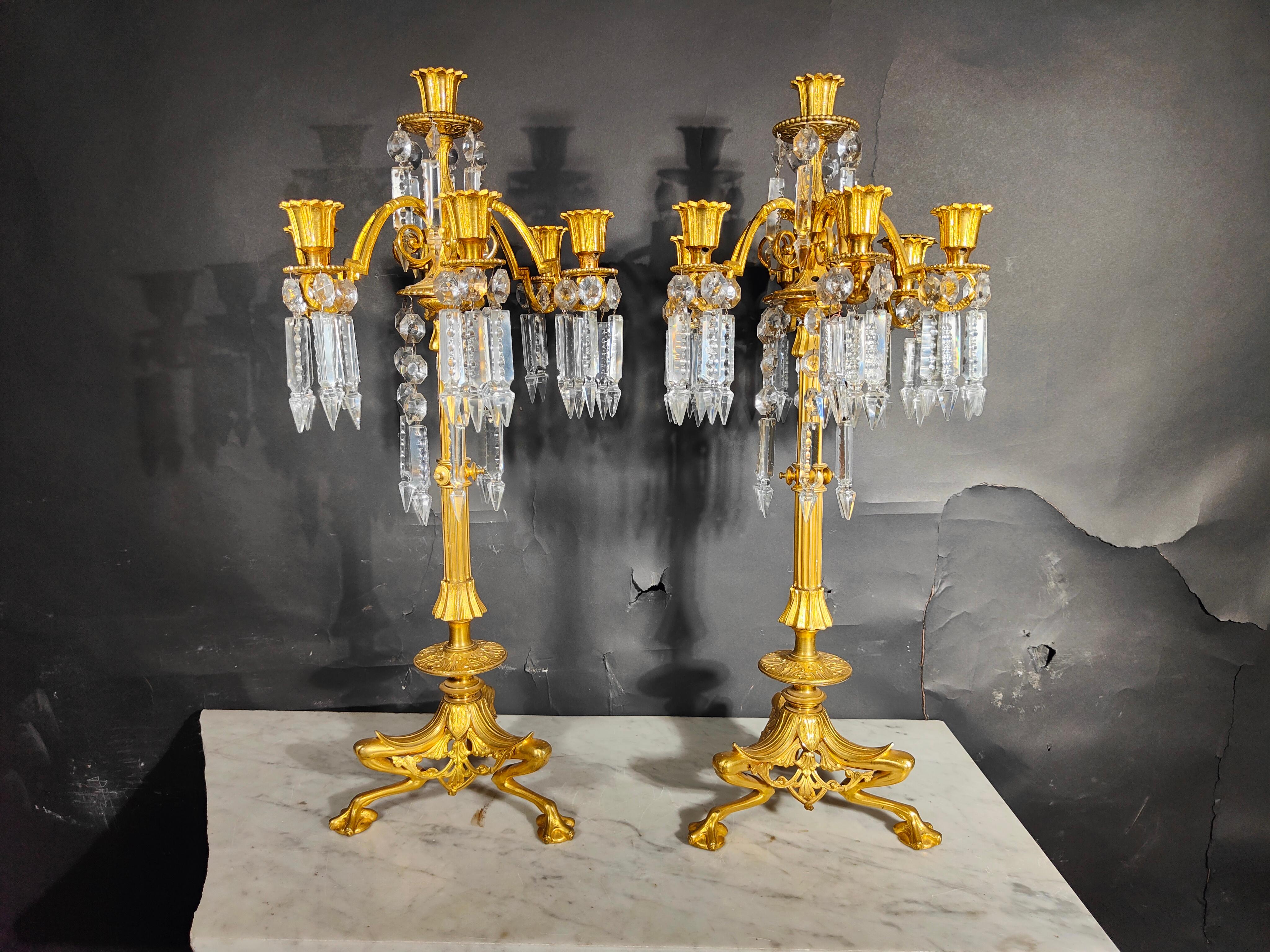 19th Century Bronze and Crystal Candelabra: Gilded Elegance and Wheel-Cut Crysta For Sale 6