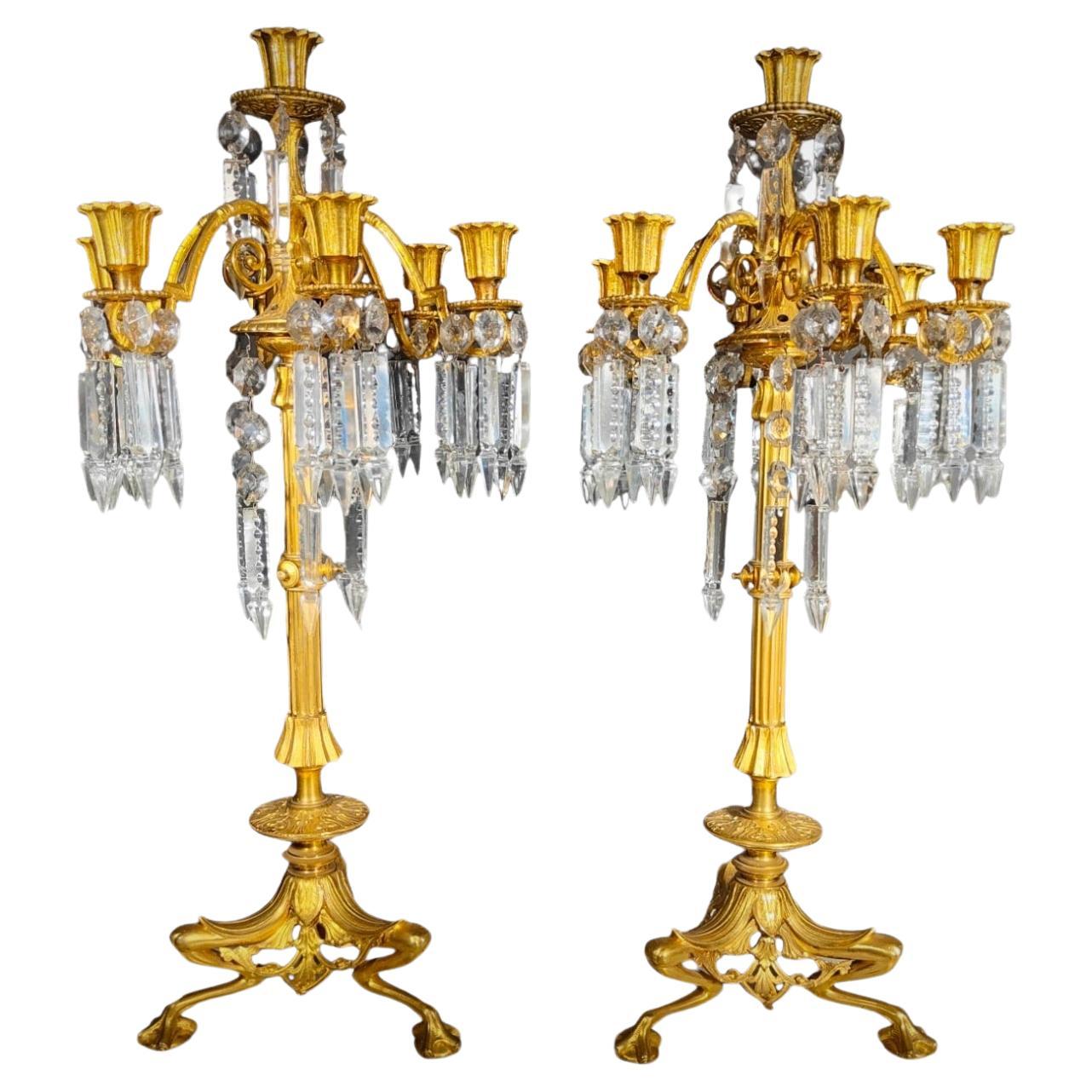 19th Century Bronze and Crystal Candelabra: Gilded Elegance and Wheel-Cut Crysta For Sale