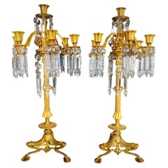 Used 19th Century Bronze and Crystal Candelabra: Gilded Elegance and Wheel-Cut Crysta