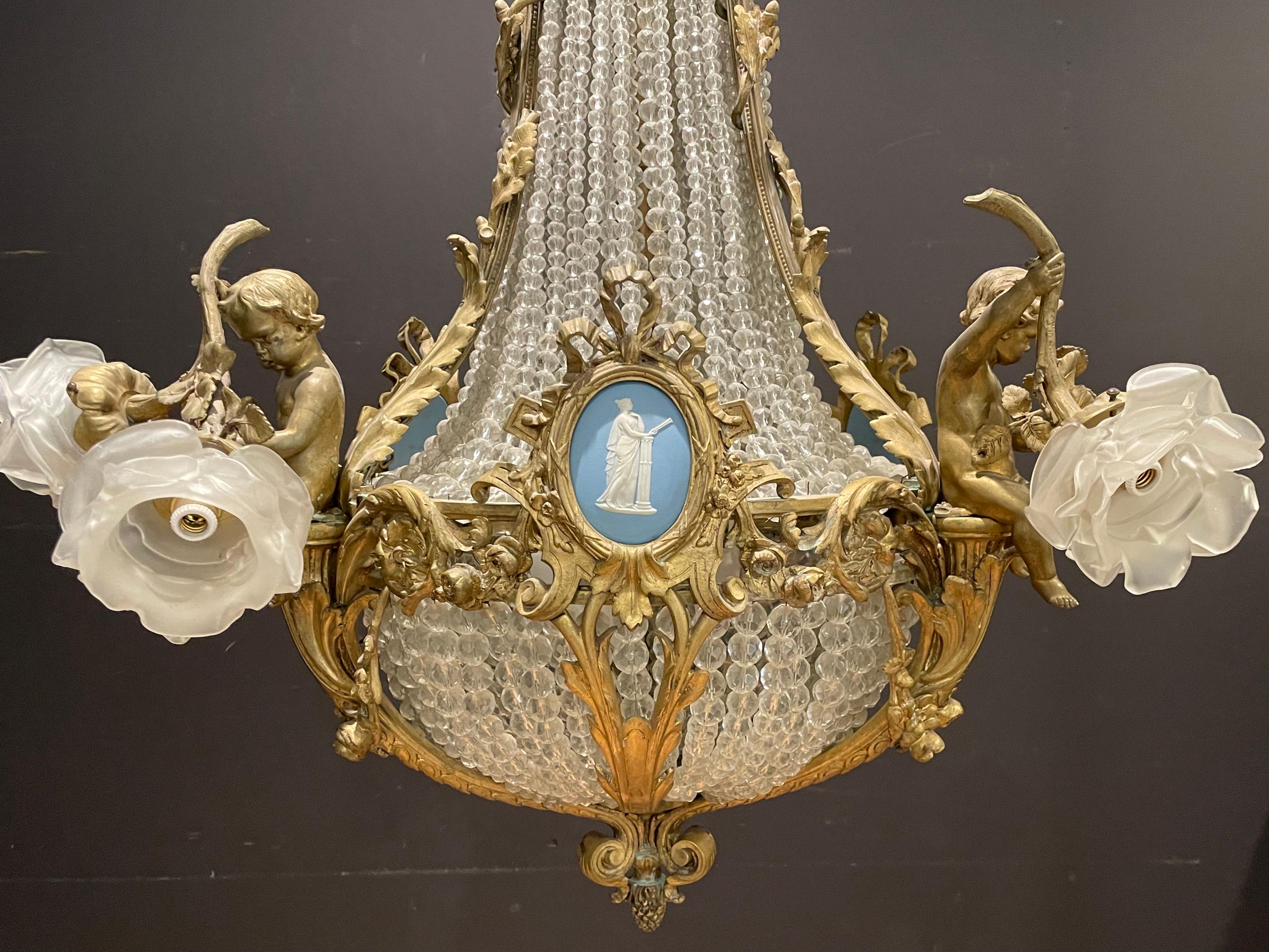 Belle Époque French 19th Century Bronze and Crystal And Porcelain Chandelier For Sale