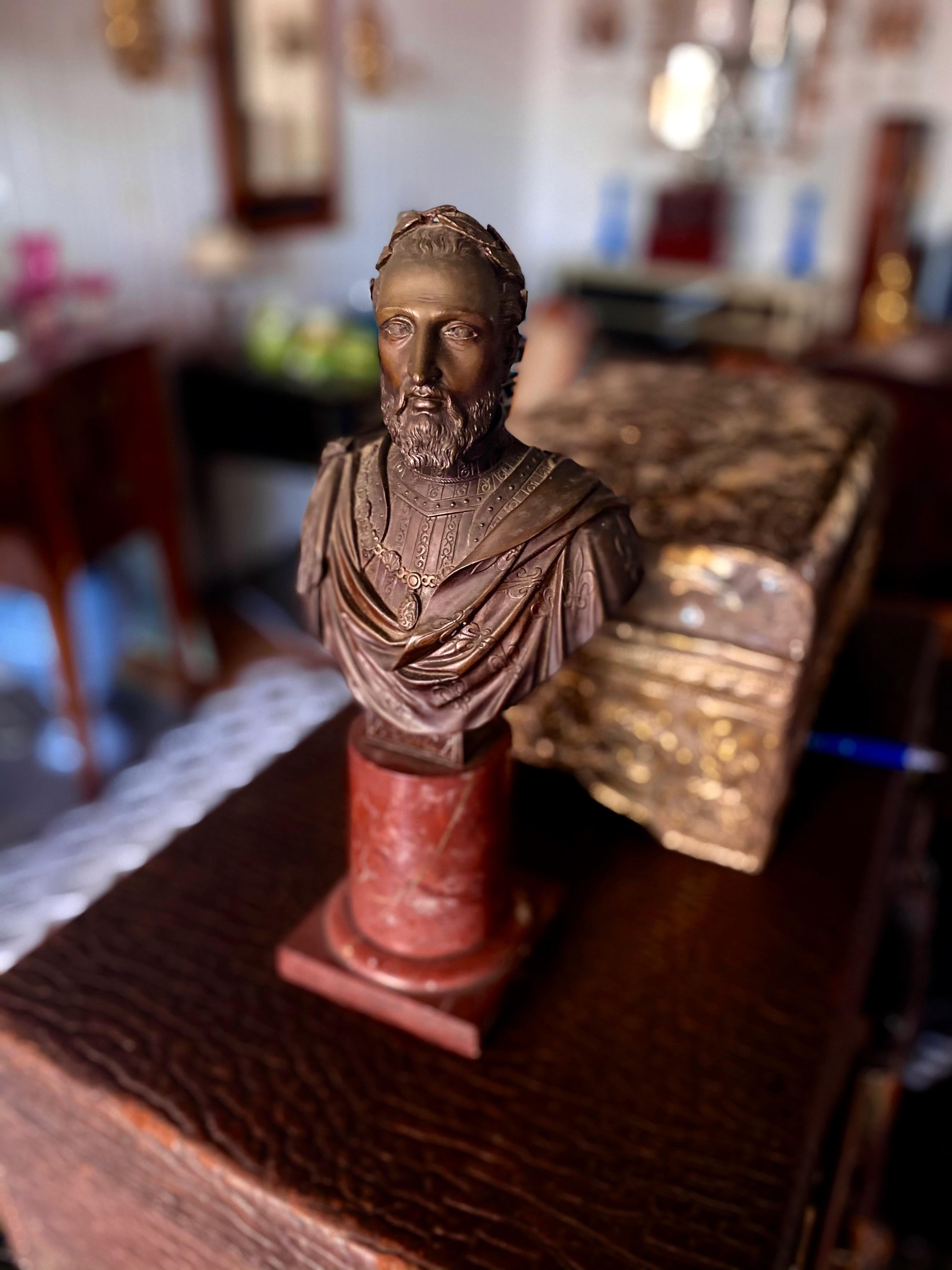 Handsome 19th Century Bronze and Marble Neoclassical Bust, Great Color & Patina.  Pristine Condition.