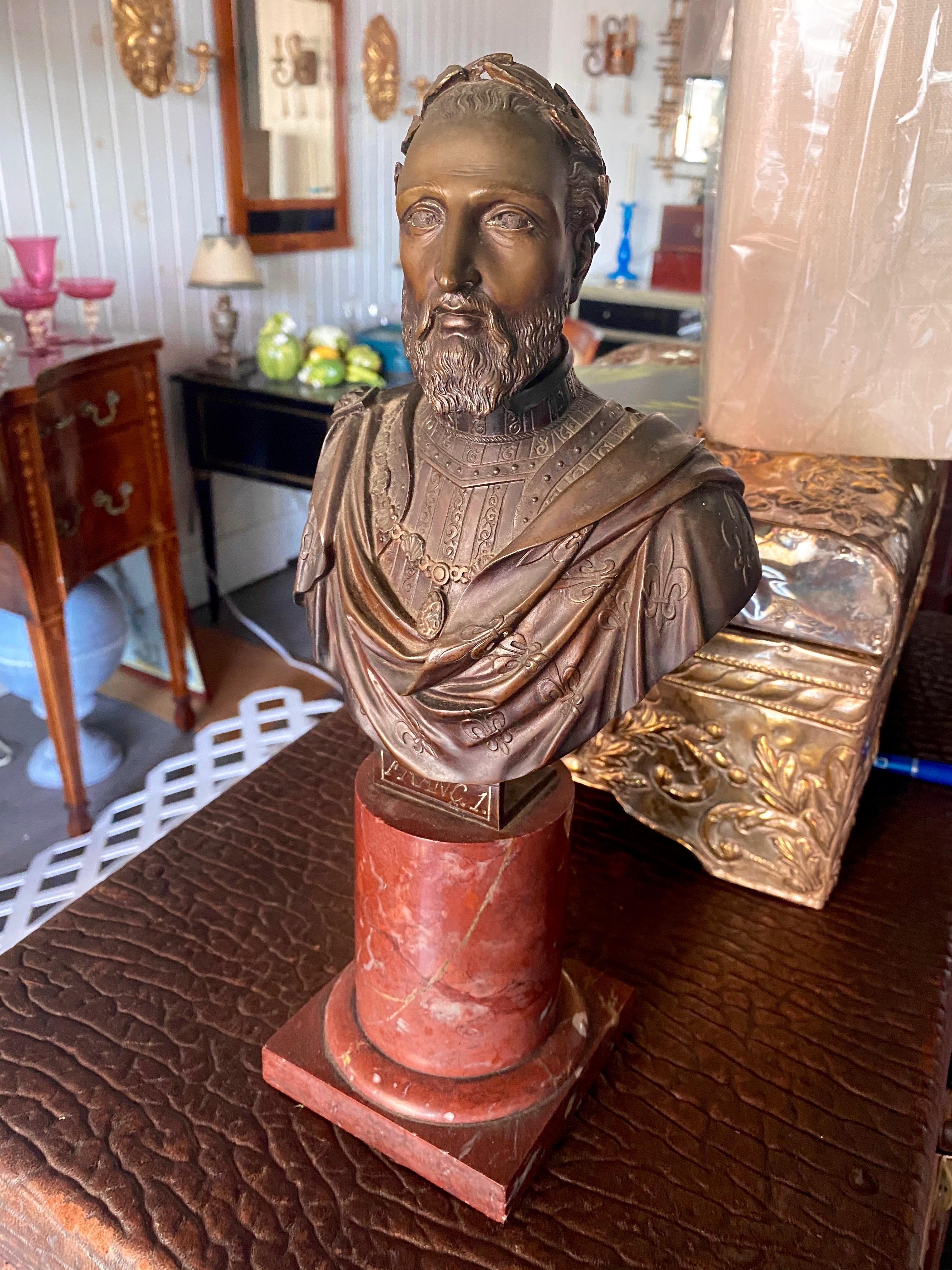 French Handsome 19th Century Bronze and Marble Neoclassical Bust, Great Color & Patina. For Sale