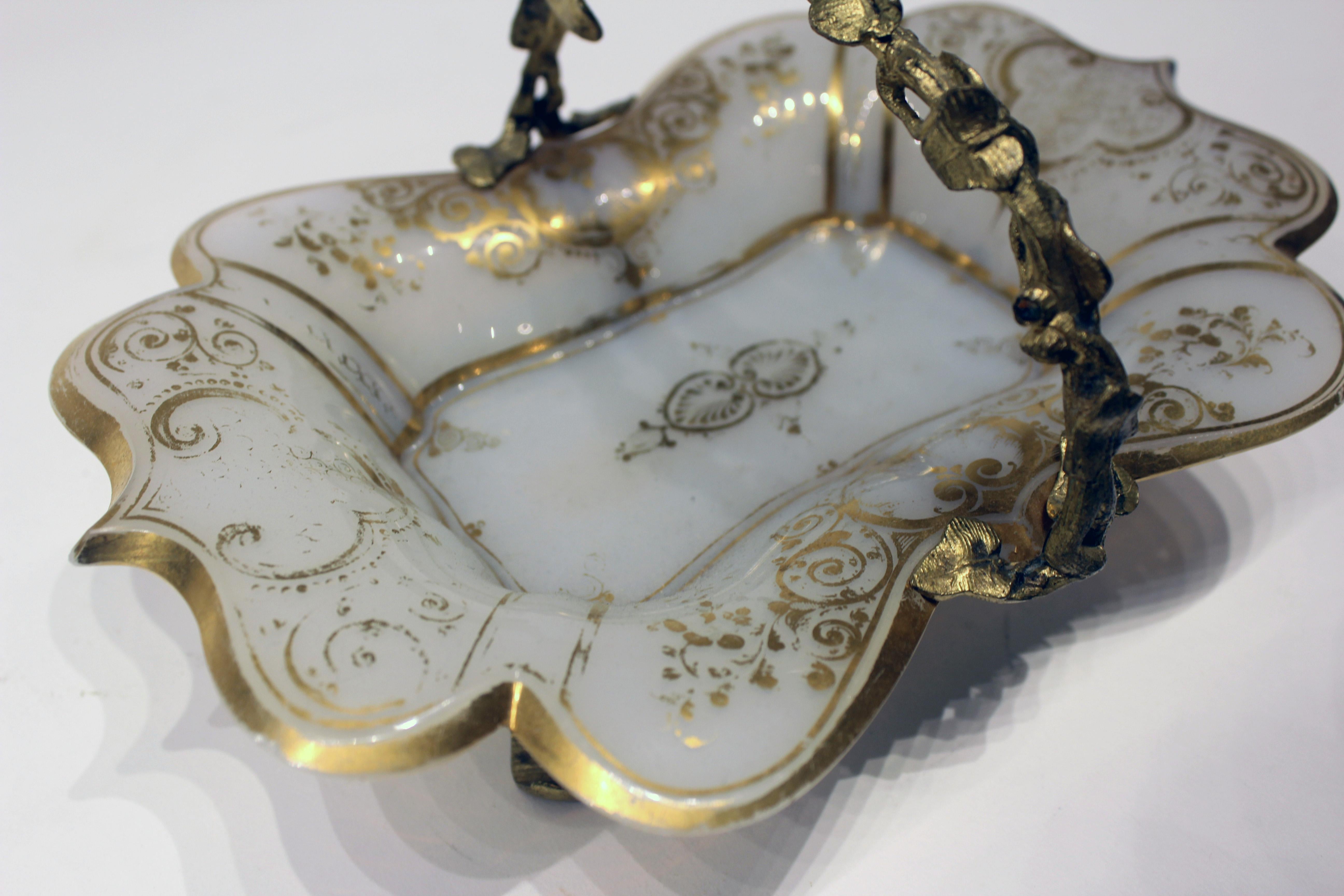 Mid-19th century opaline and bronze mounted handled candy dish with gilding on opaline glass.