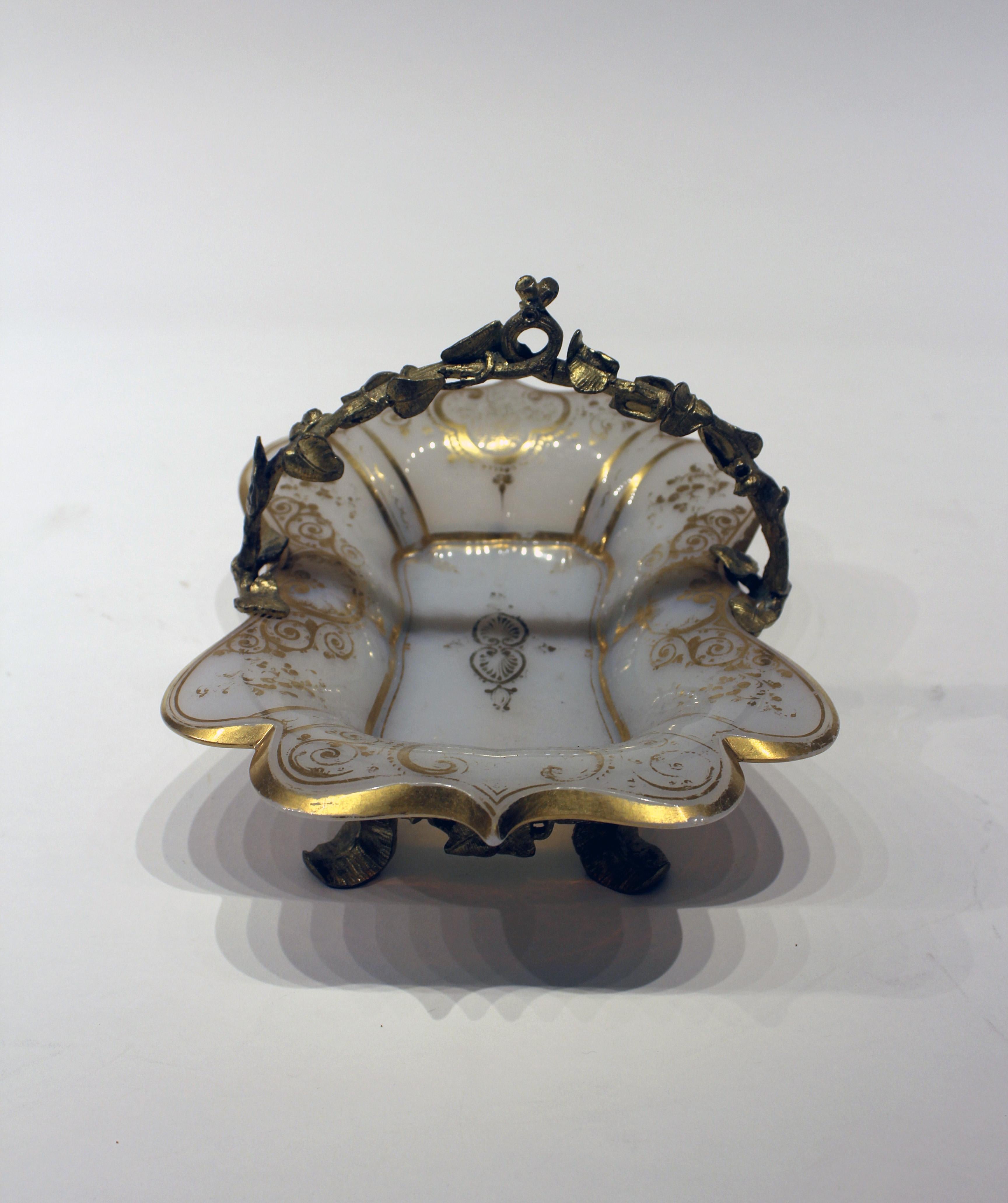 French 19th Century Bronze and Opaline Glass Handled Candy Dish For Sale
