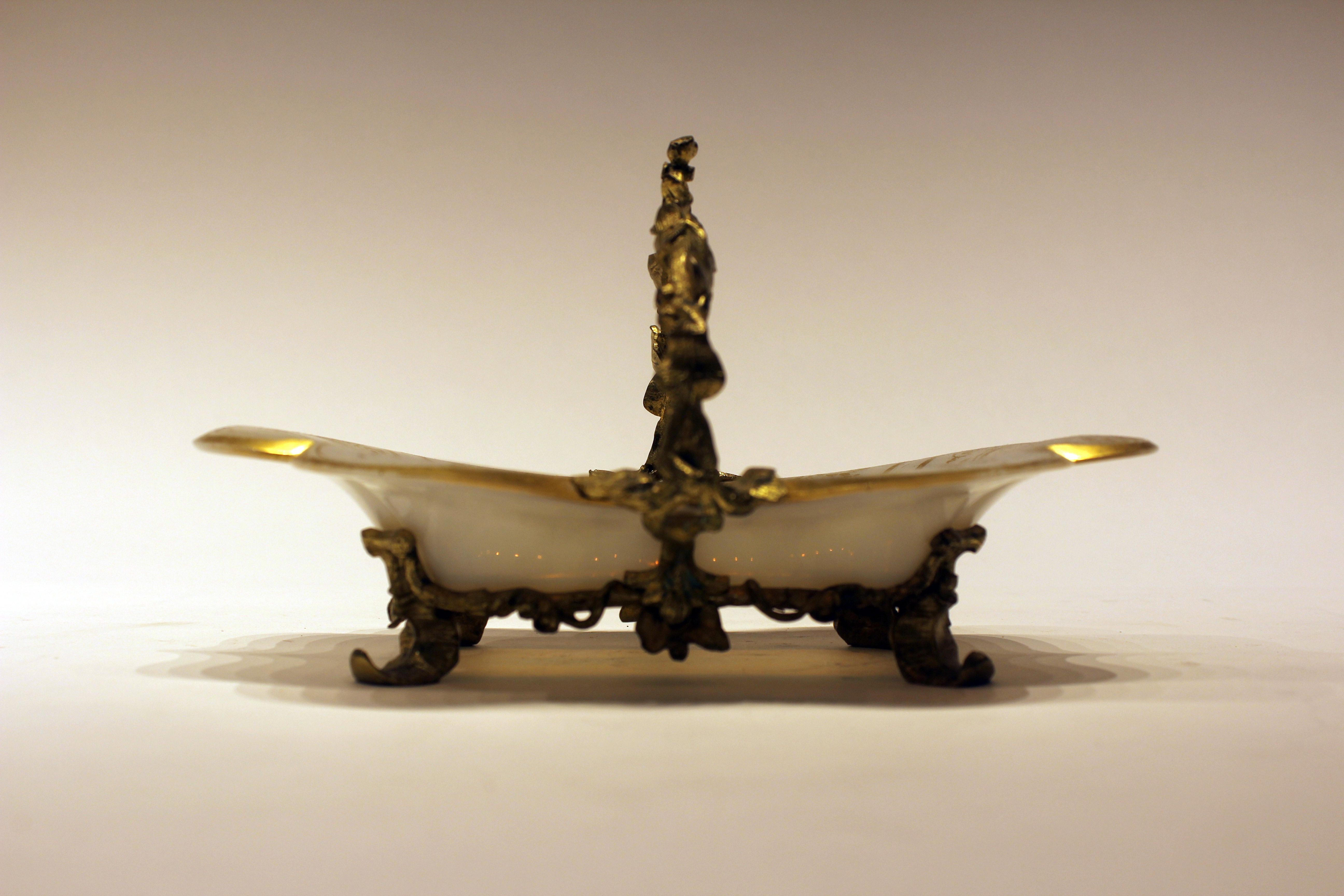 19th Century Bronze and Opaline Glass Handled Candy Dish In Good Condition For Sale In New york, NY