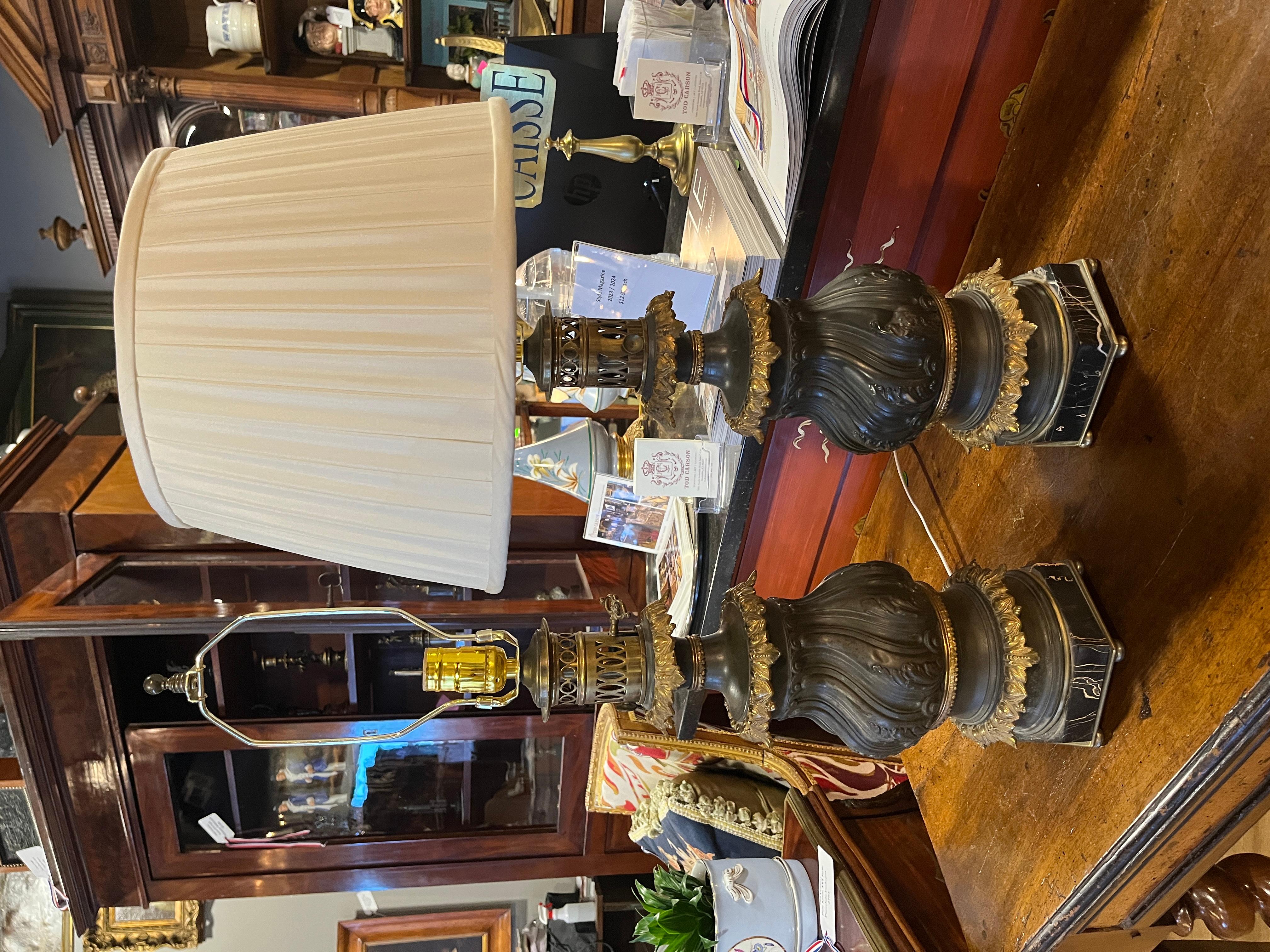 19th Century Bronze and Ormolu Oil Lamps on Marble Base, converted electric In Good Condition For Sale In Scottsdale, AZ