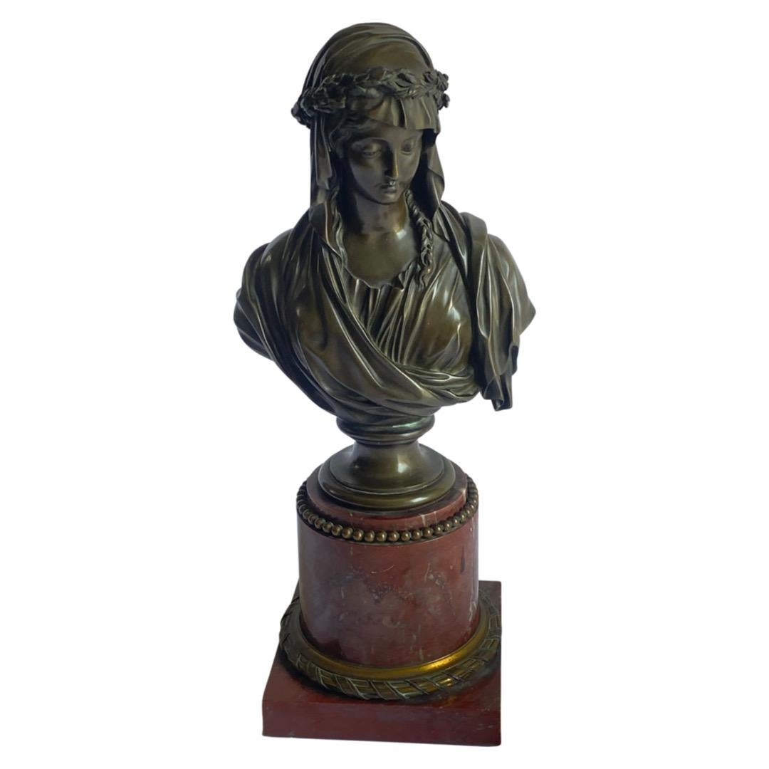 Neoclassical 19th Century Bronze and Rouge Marble Bust For Sale