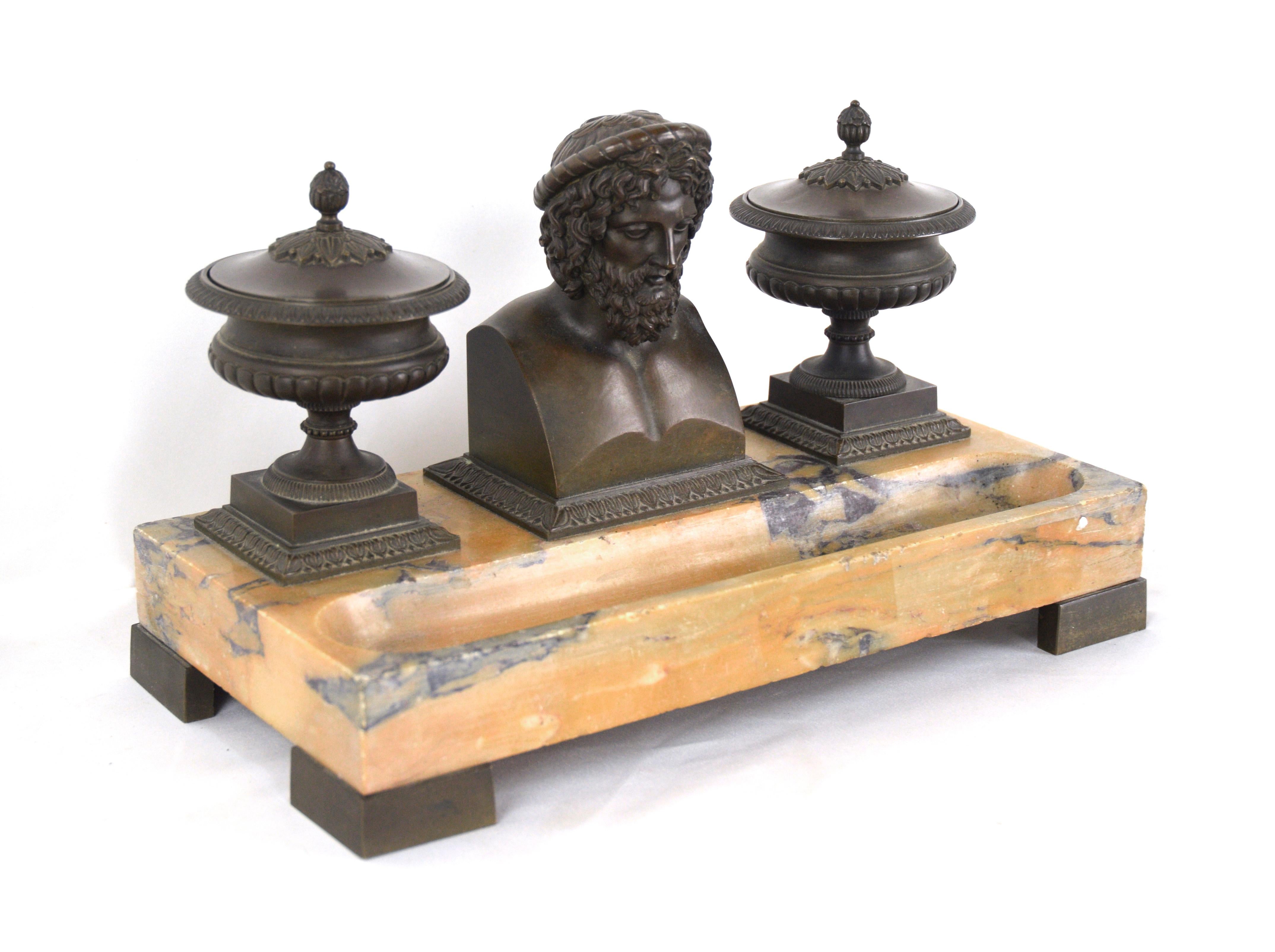 Cast 19th Century Bronze and Sienna Marble Inkwell with Bust of Hippocrates