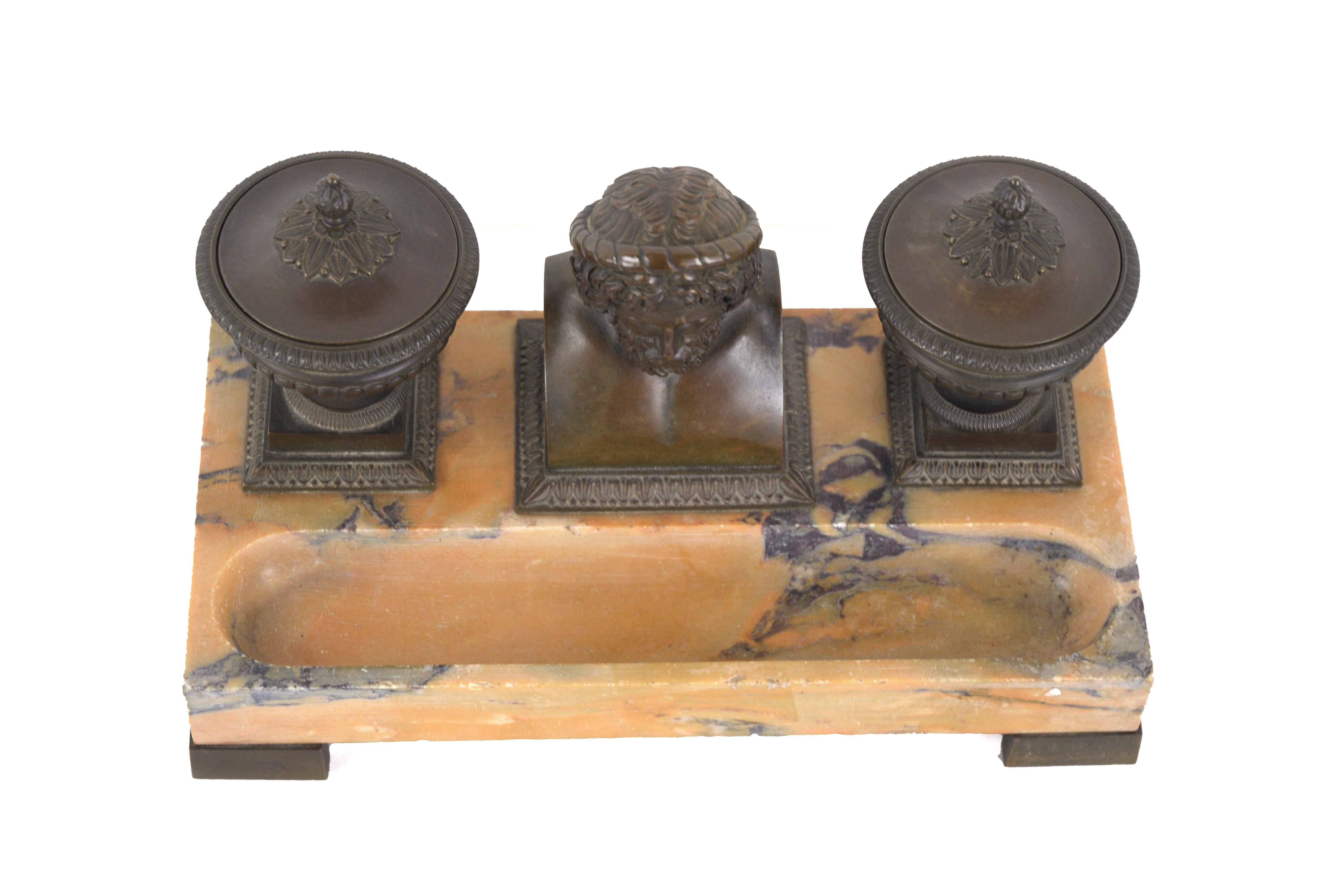 19th Century Bronze and Sienna Marble Inkwell with Bust of Hippocrates In Good Condition In Soquel, CA