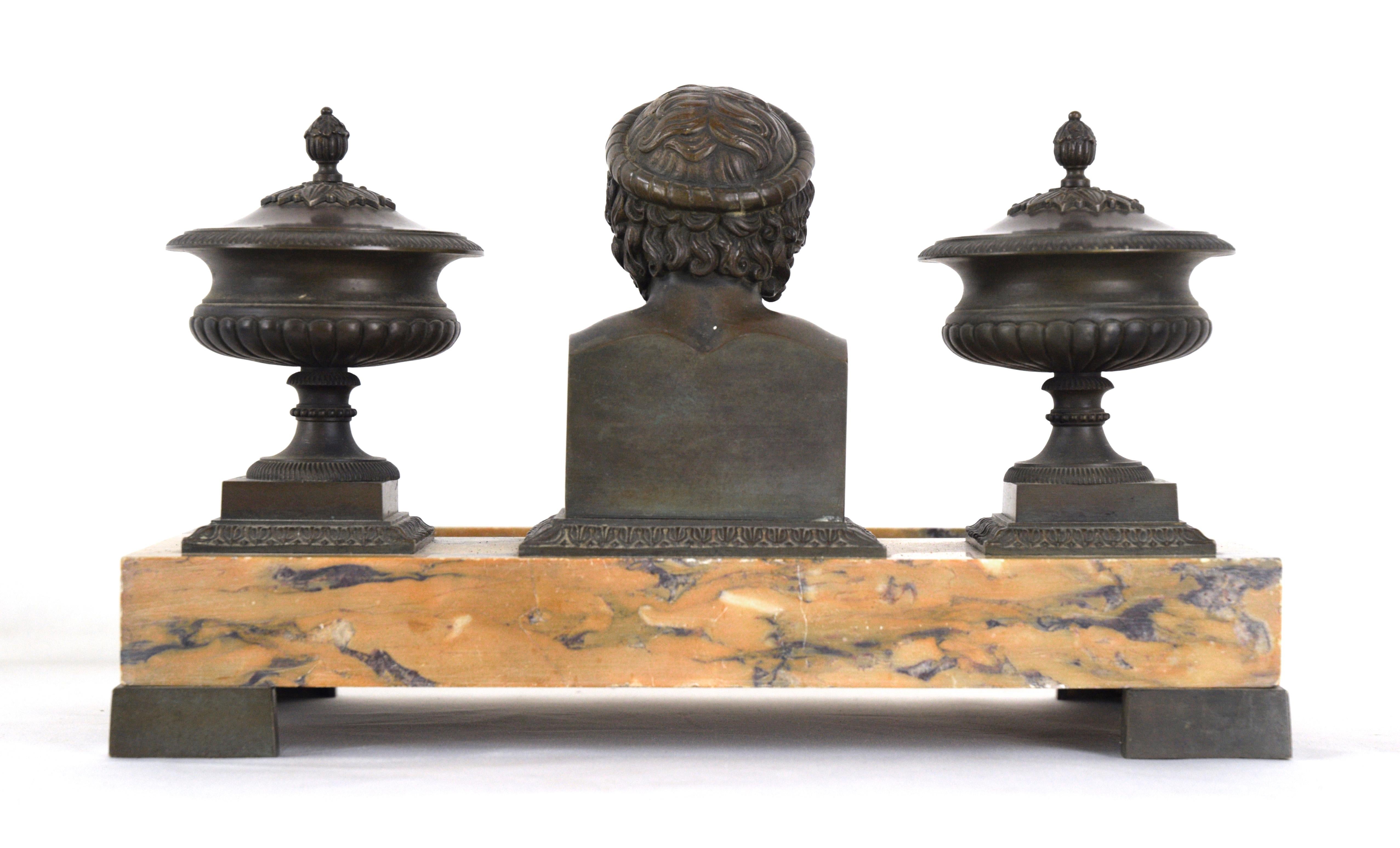 Siena Marble 19th Century Bronze and Sienna Marble Inkwell with Bust of Hippocrates