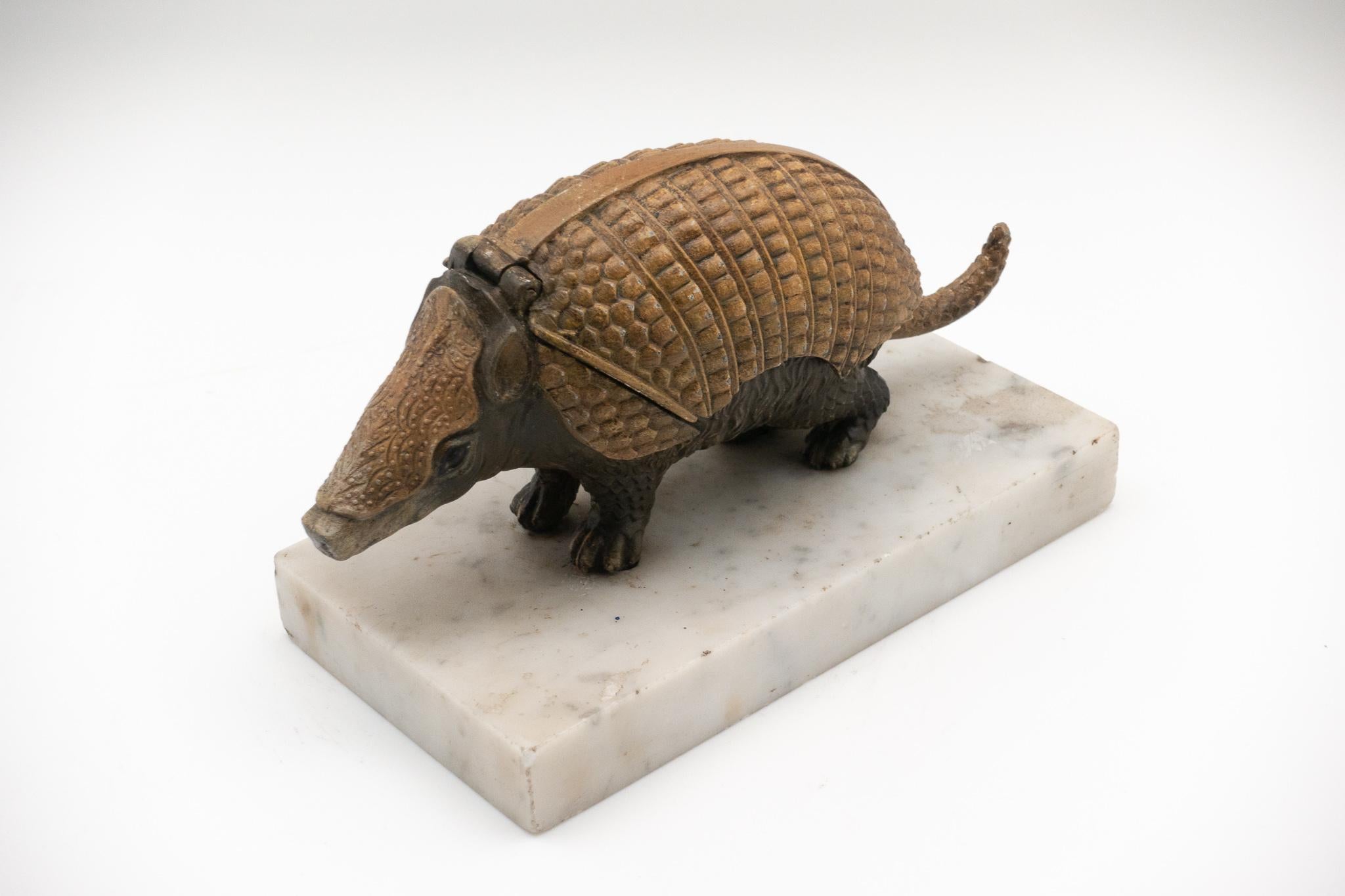 Unusual 19th century bronze armadillo inkwell on a marble base. Armored back opens to reveal inkwell.