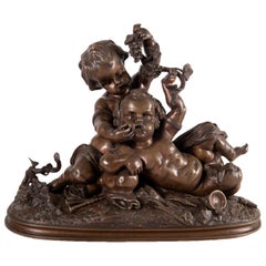 19th Century Bronze Bacchus Group of Two Putti Playing with Grapes
