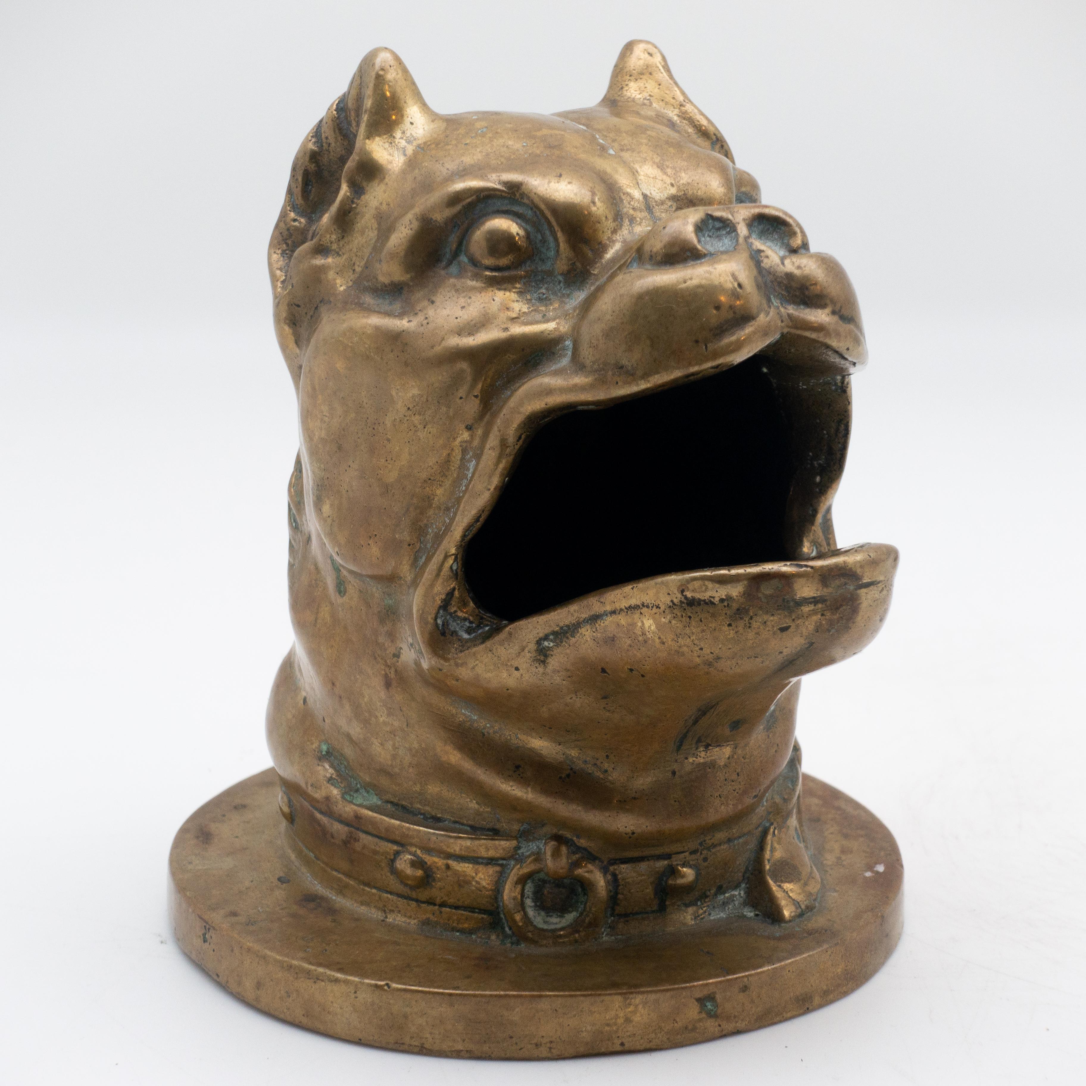 19th century bronze head of barking bulldog with collar sculpture. This was probably part of a game and the piece would have been attacked to a bar.