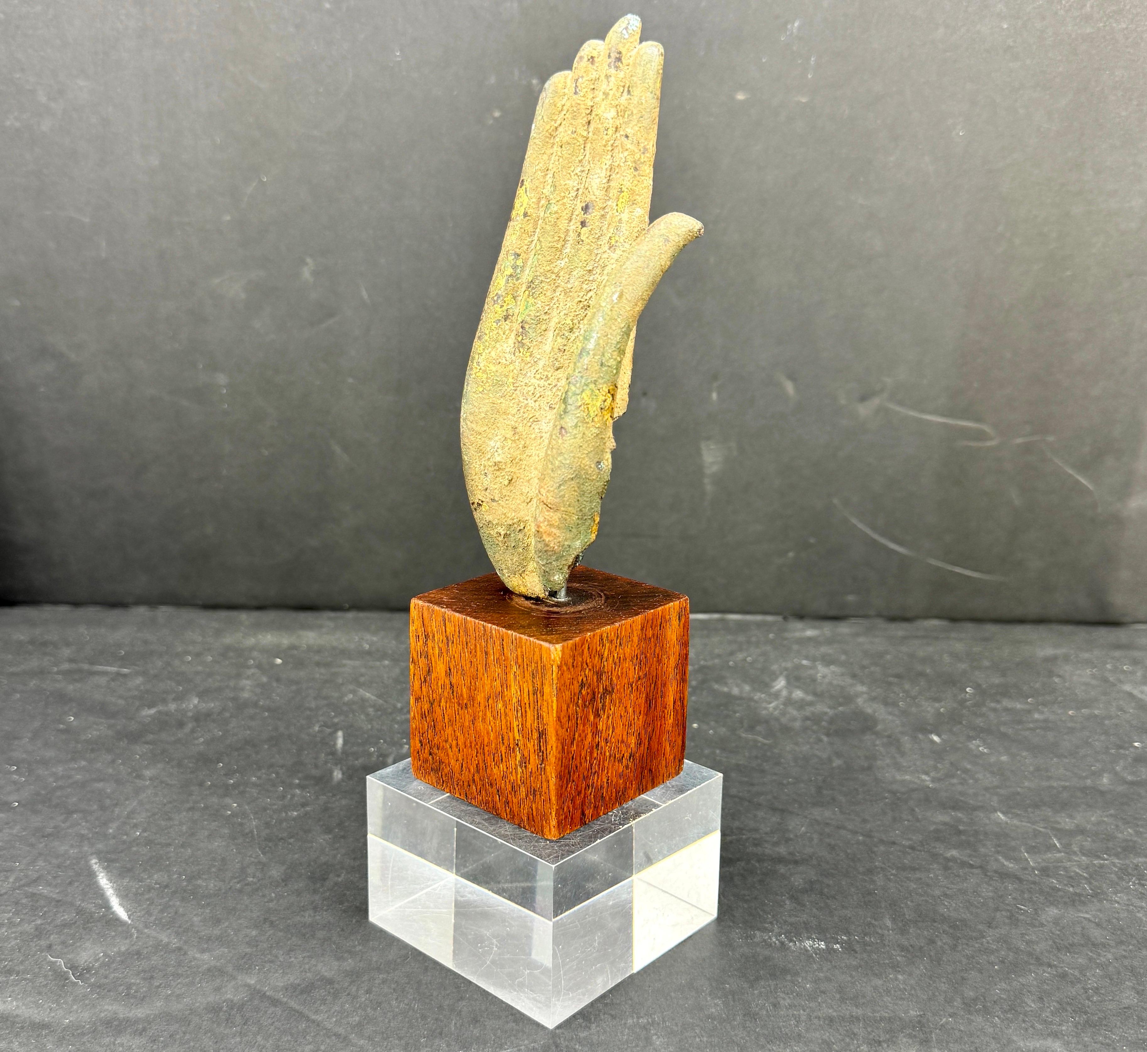 Chinese 19th Century Bronze Buddha Hand Fragment on Walnut Stand For Sale