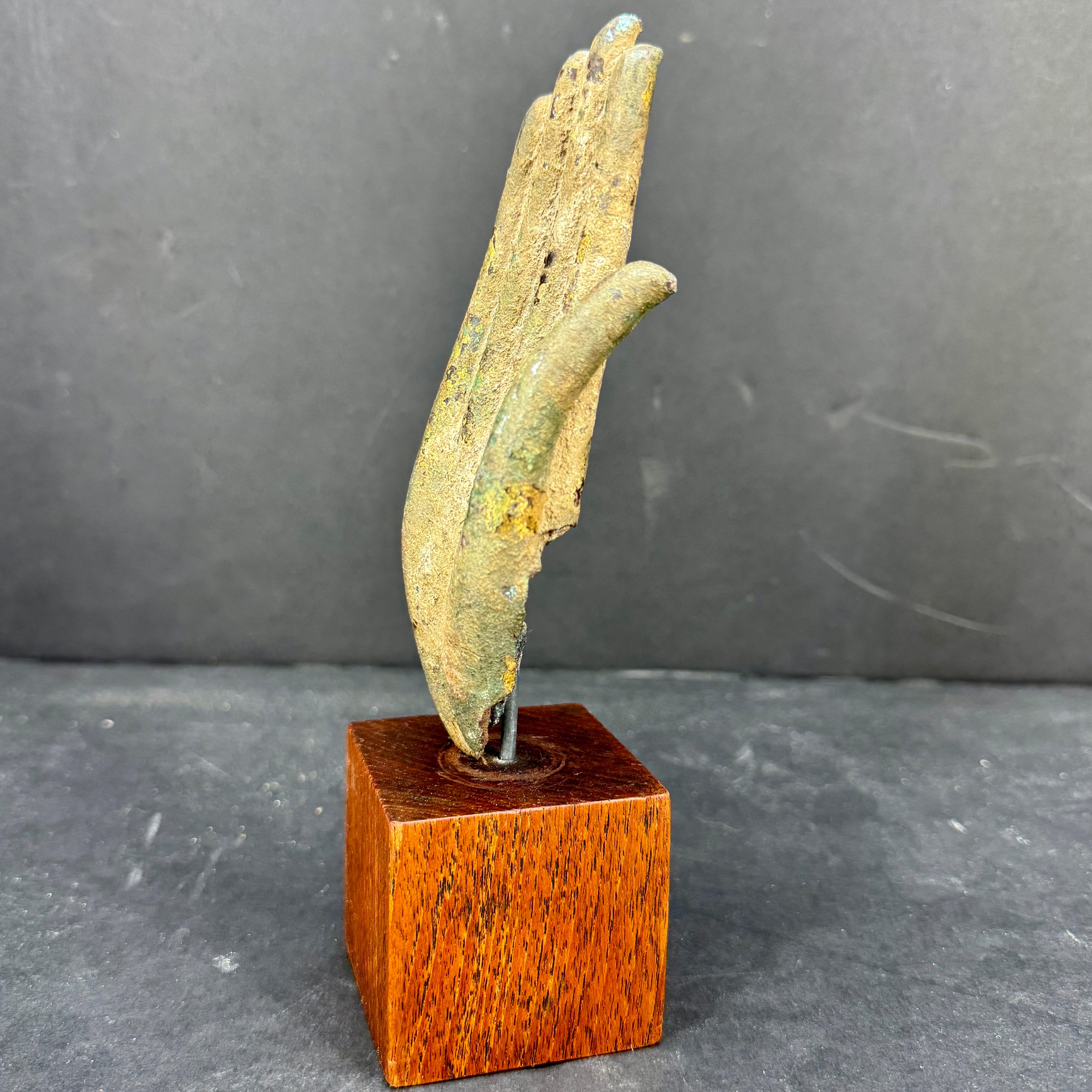 Hand-Crafted 19th Century Bronze Buddha Hand Fragment on Walnut Stand For Sale