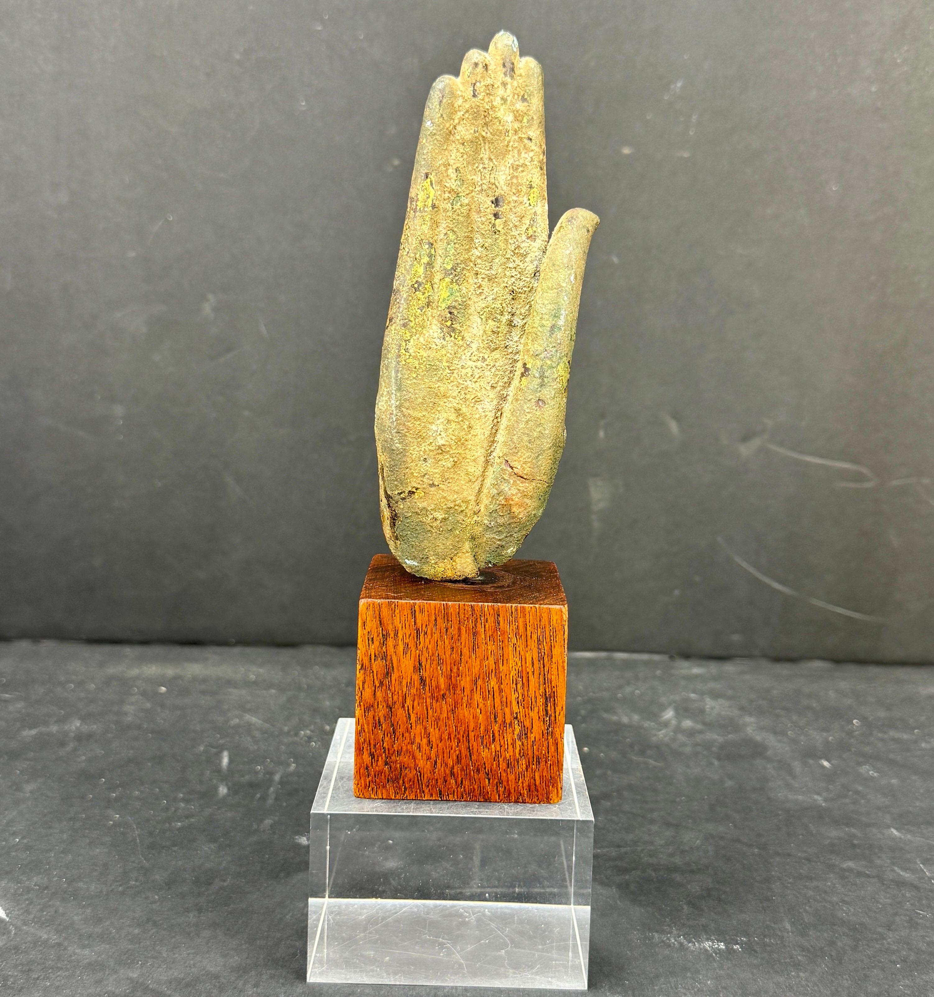 19th Century Bronze Buddha Hand Fragment on Walnut Stand In Fair Condition For Sale In Haddonfield, NJ