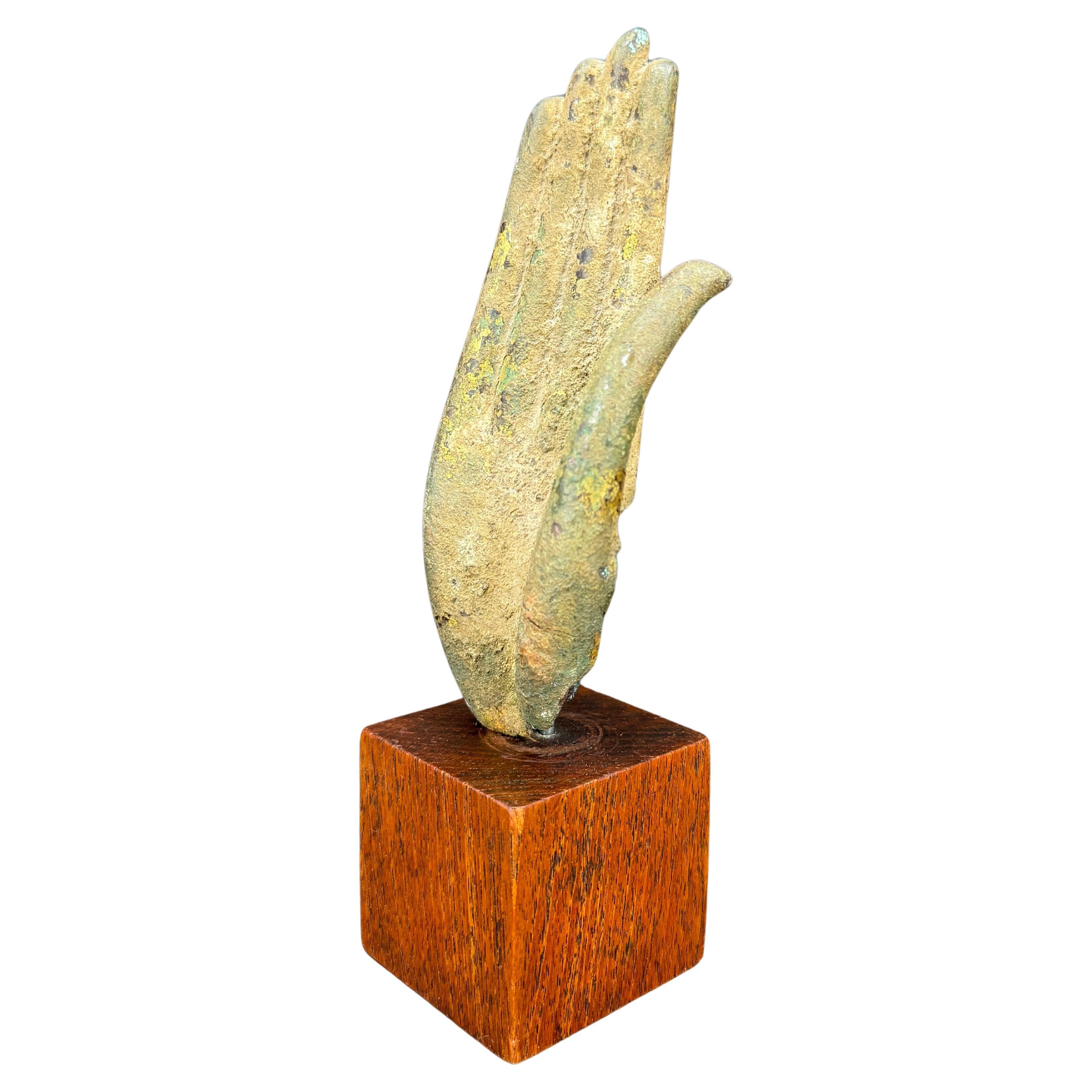 19th Century Bronze Buddha Hand Fragment on Walnut Stand For Sale