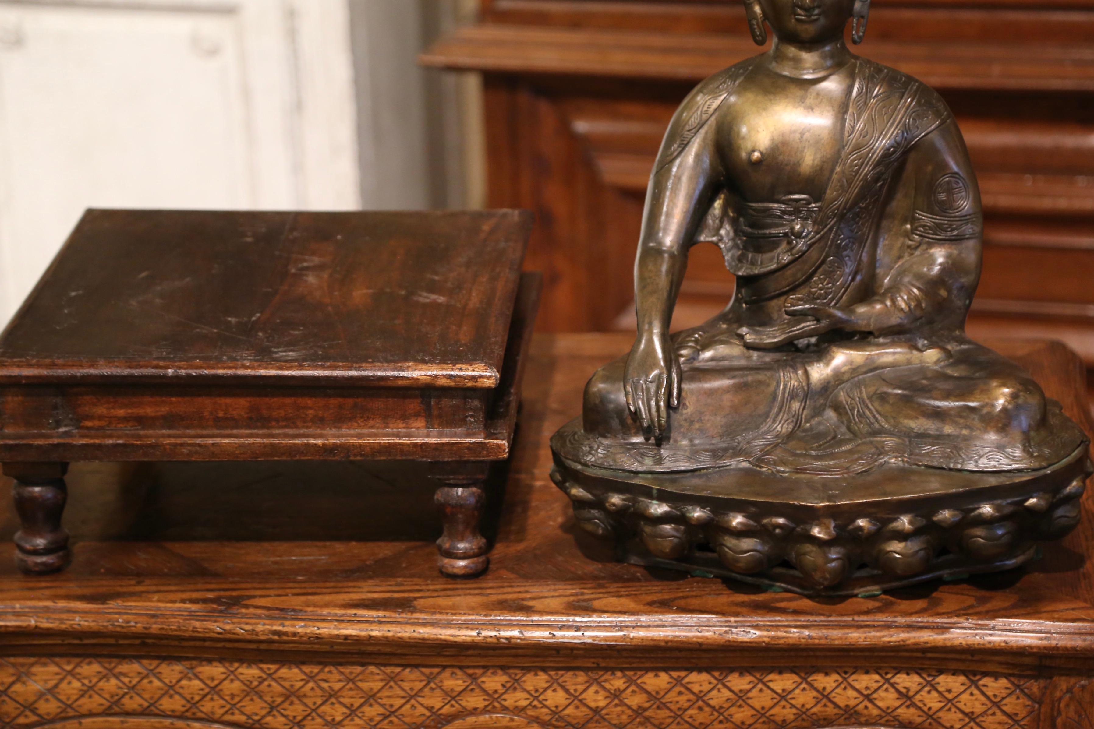 19th Century Bronze Buddha on Wooden Stand In Excellent Condition In Dallas, TX