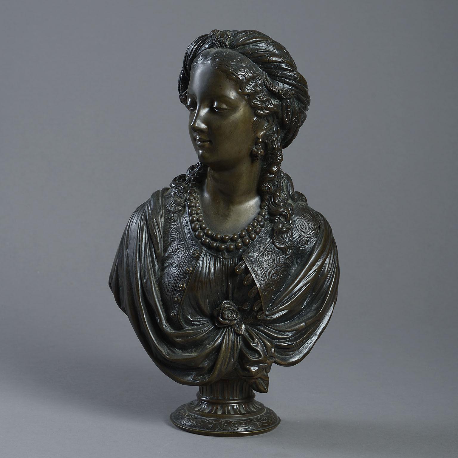19th century bronze bust after Boizot depicting a lady wearing oriental dress modeled in exquisite detail in the Louis XVI style and with a wonderful patination.

Boizot was the son of Antoine Boizot, a designer at the Gobelins manufacture of