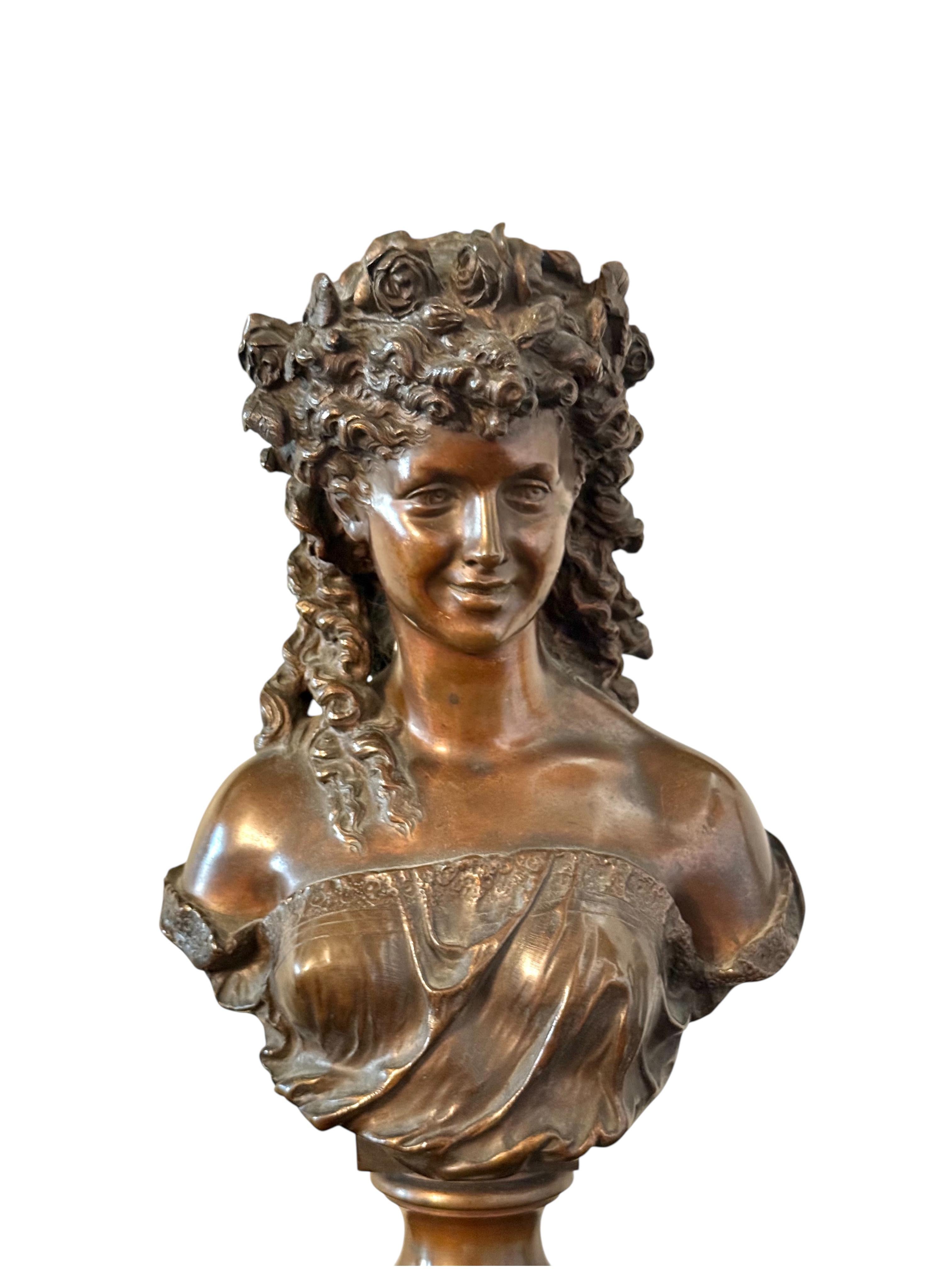 Buste en bronze du XIXe siècle de Mathurin Moreau sur socle en marbre griotte en vente 1