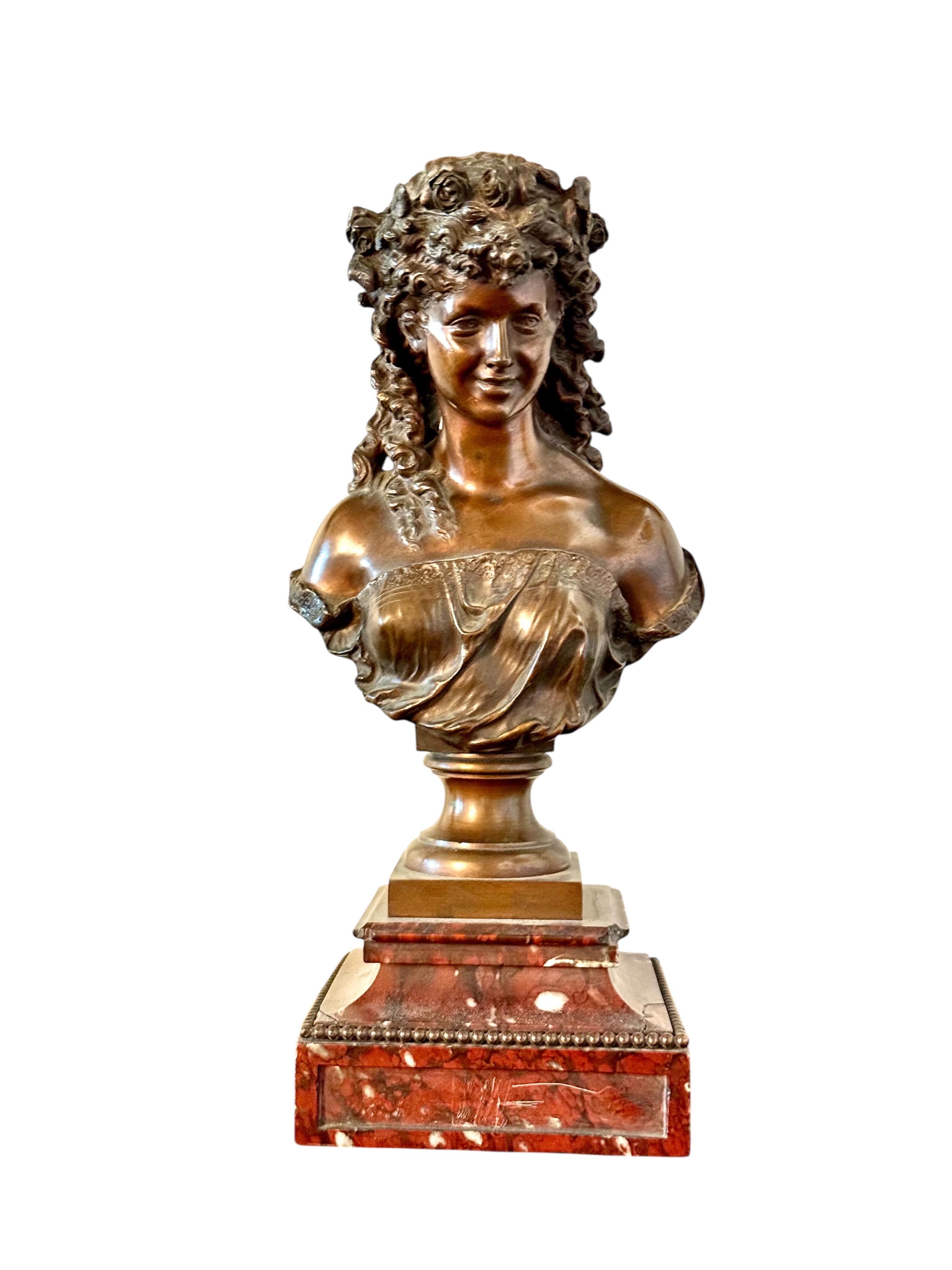 Buste en bronze du XIXe siècle de Mathurin Moreau sur socle en marbre griotte en vente
