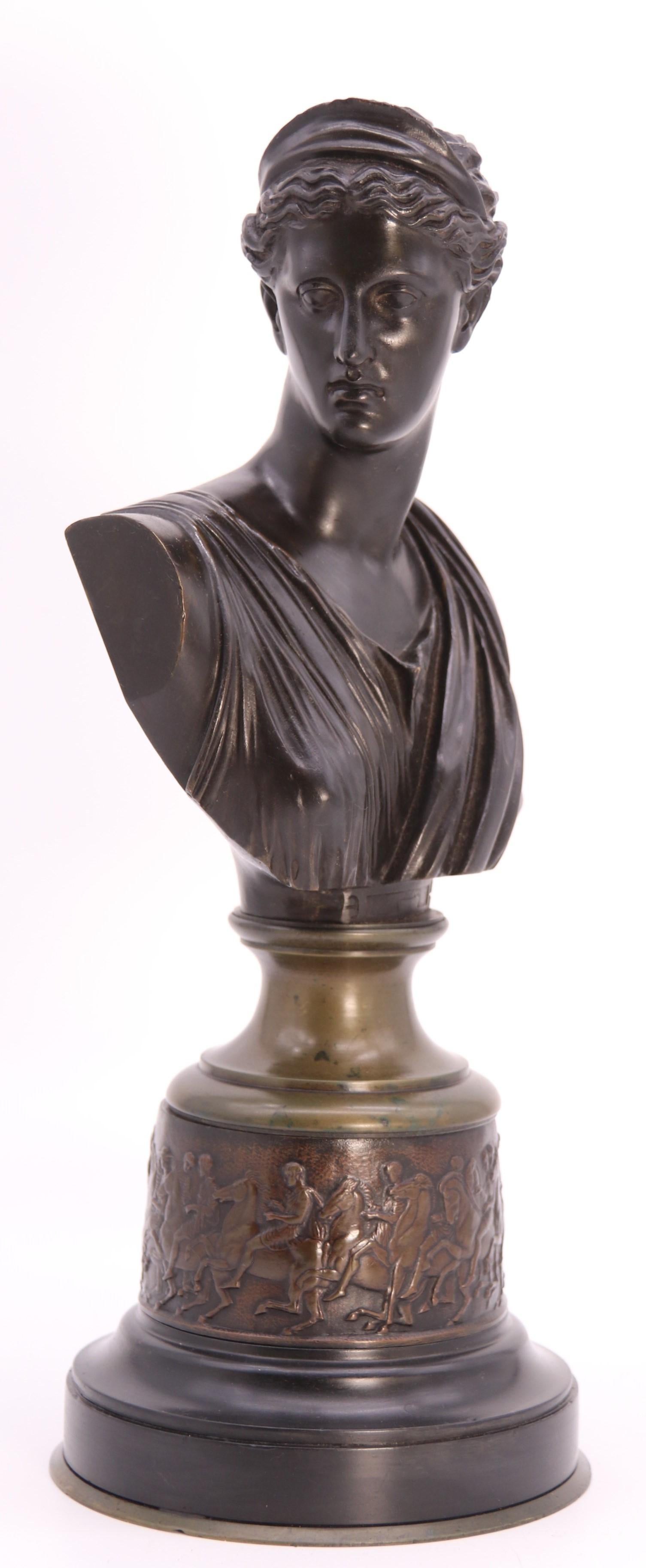 This superb Grand Tour bronze study portrays a bust of Diana of Versailles or Diana the Huntress, considered in Roman and Hellenistic mythology as goddess and patroness of countryside, nature, hunters, wildlife and childbirth. This fine example is