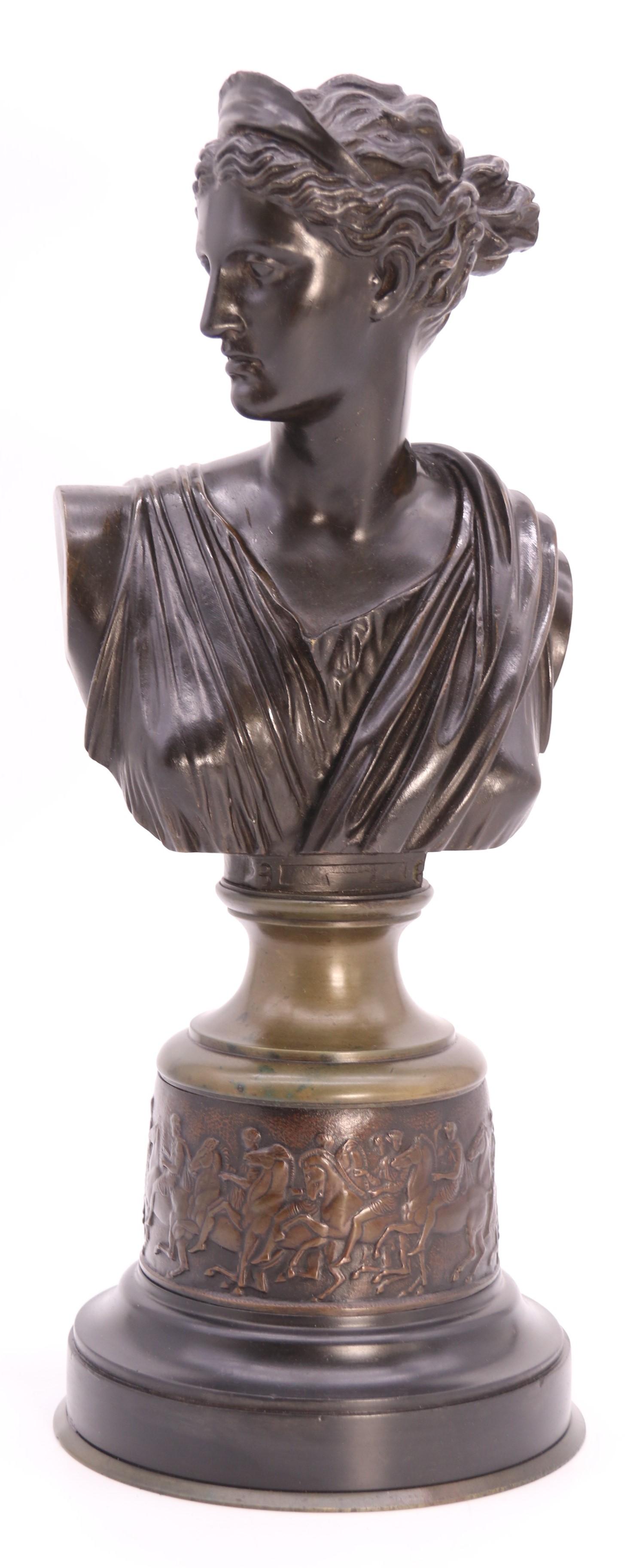 French 19th century bronze bust of the Greek Goddess Diana the Huntress, circa 1860 For Sale