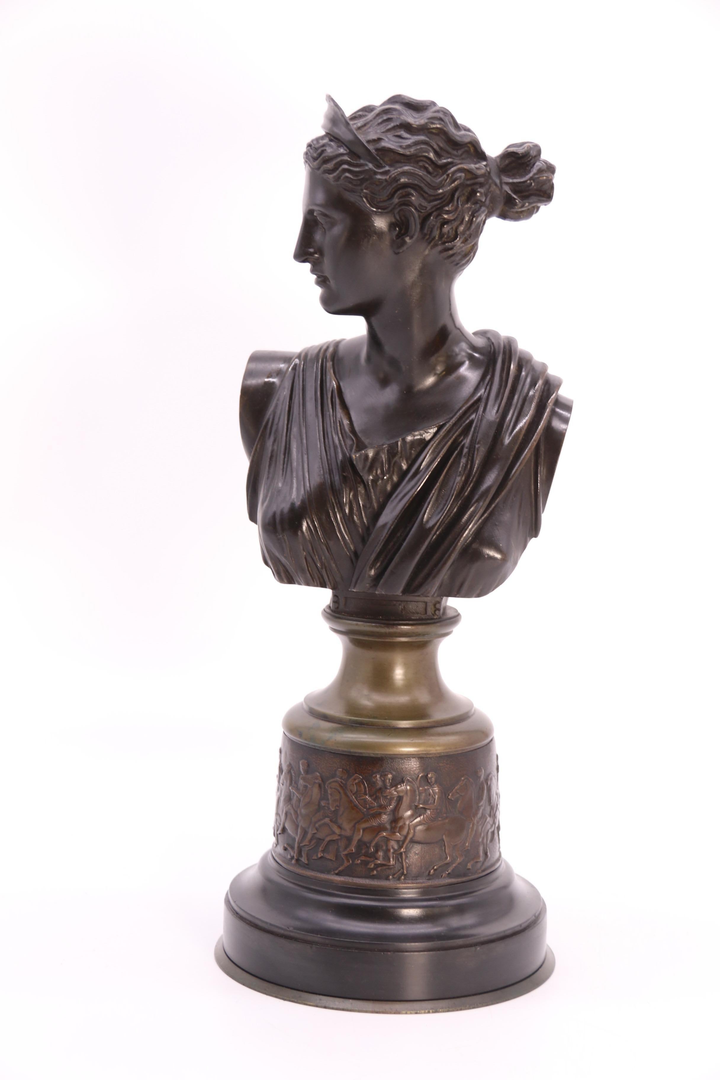 Cast 19th century bronze bust of the Greek Goddess Diana the Huntress, circa 1860 For Sale