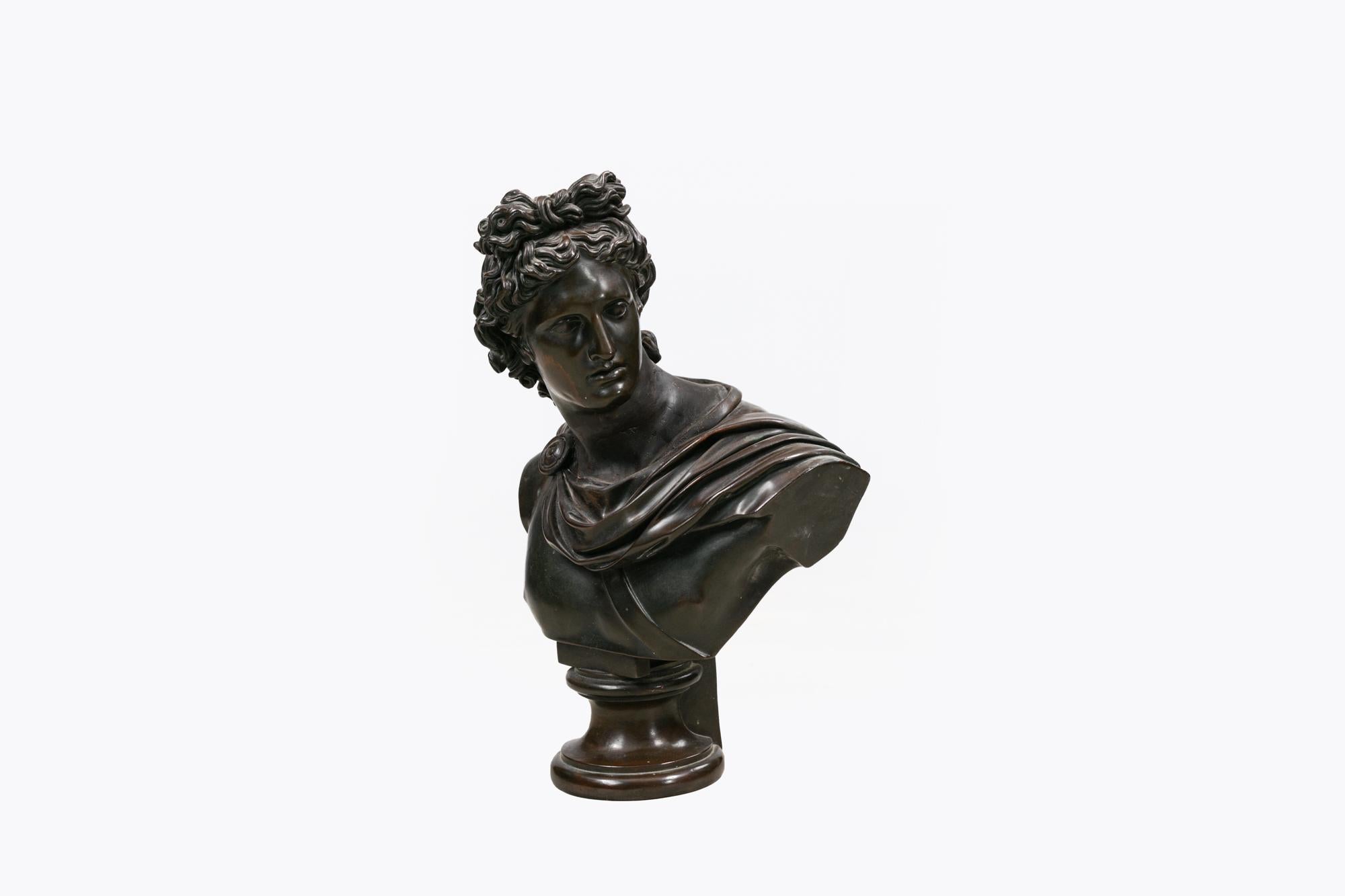 Busto in bronzo del dio greco Apollo Belvedere del XIX secolo. Dopo l'antica scultura originale 