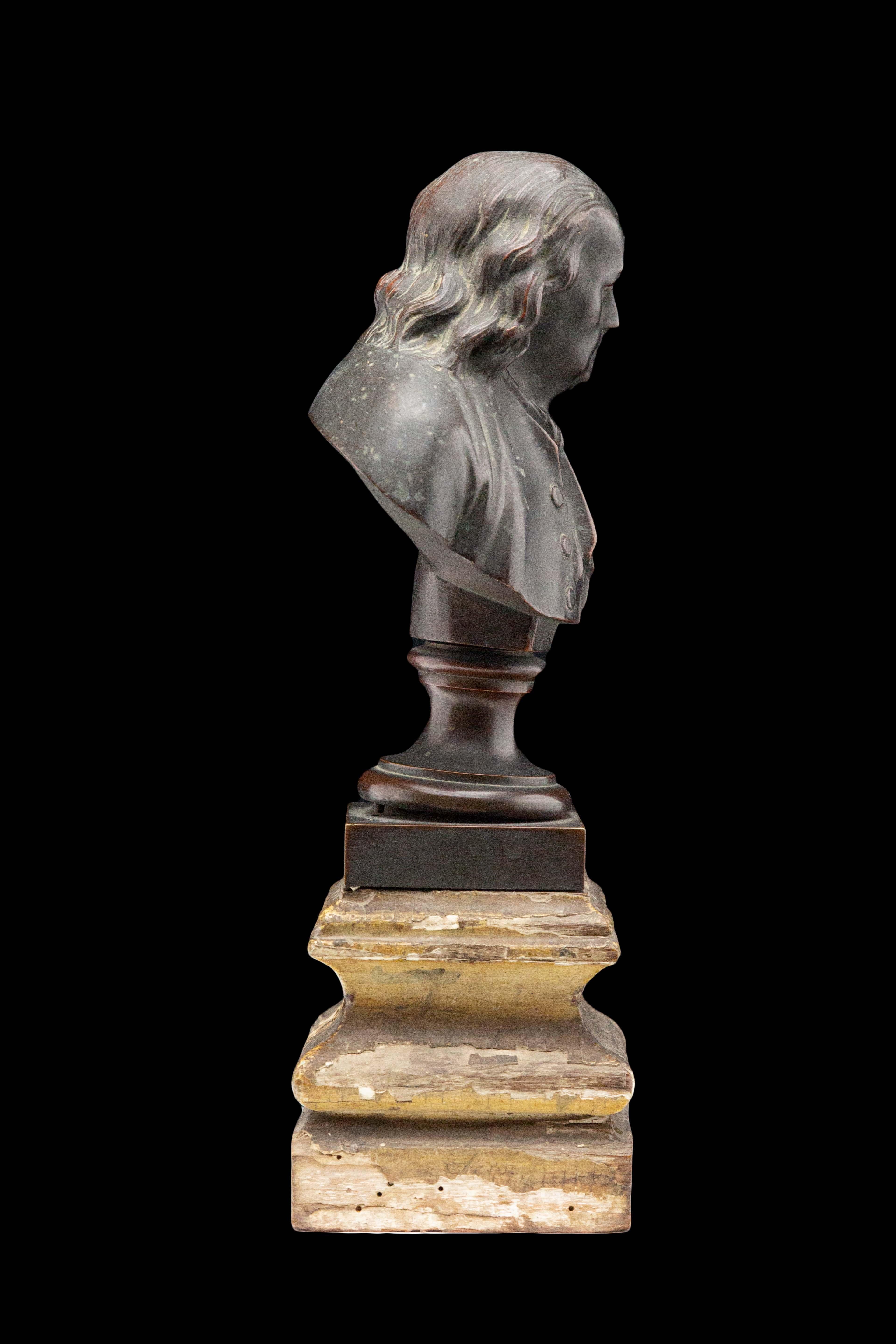 French 19th Century Bronze Bust of Ben Franklin on Wooden Plinth