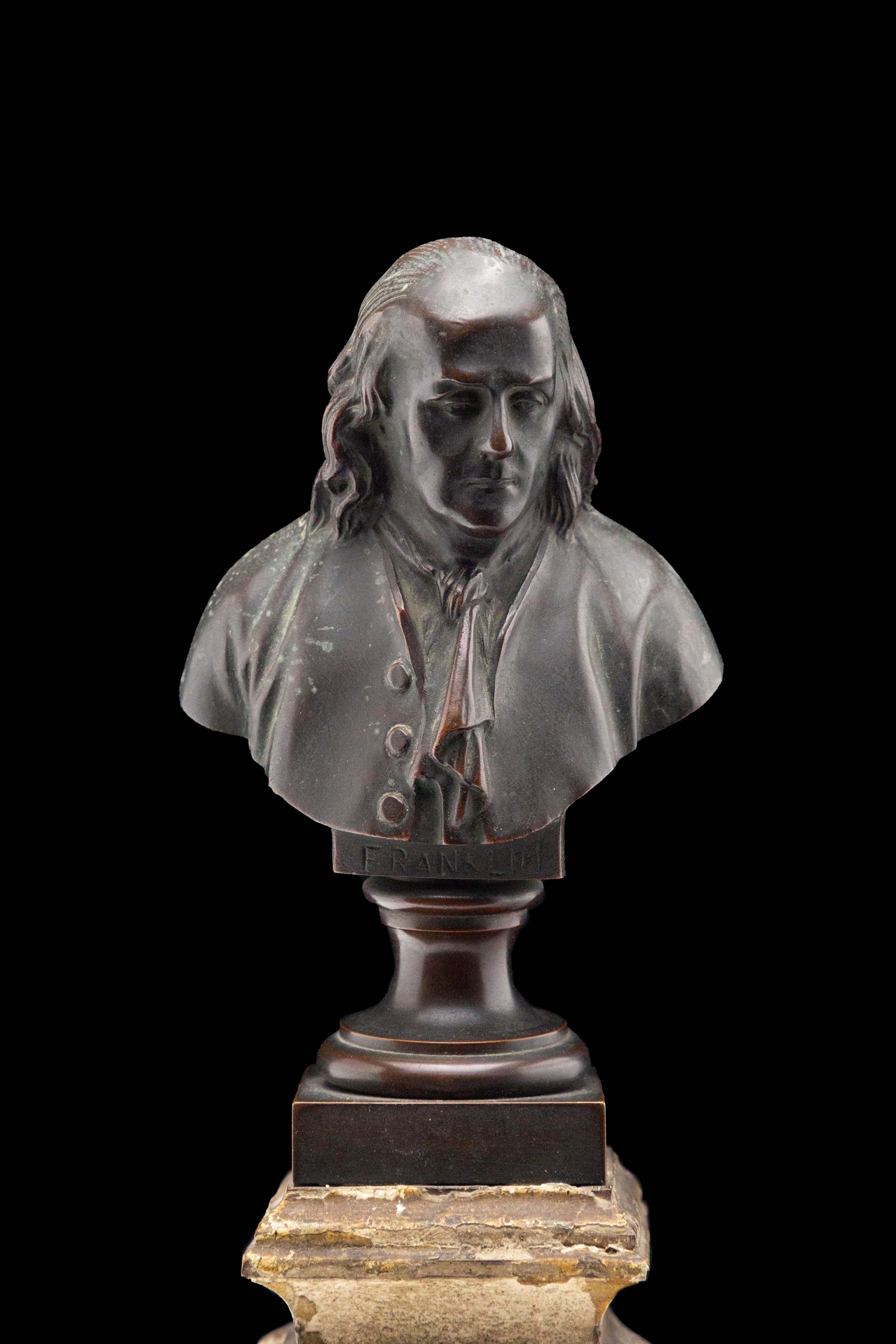 19th Century Bronze Bust of Ben Franklin on Wooden Plinth 1