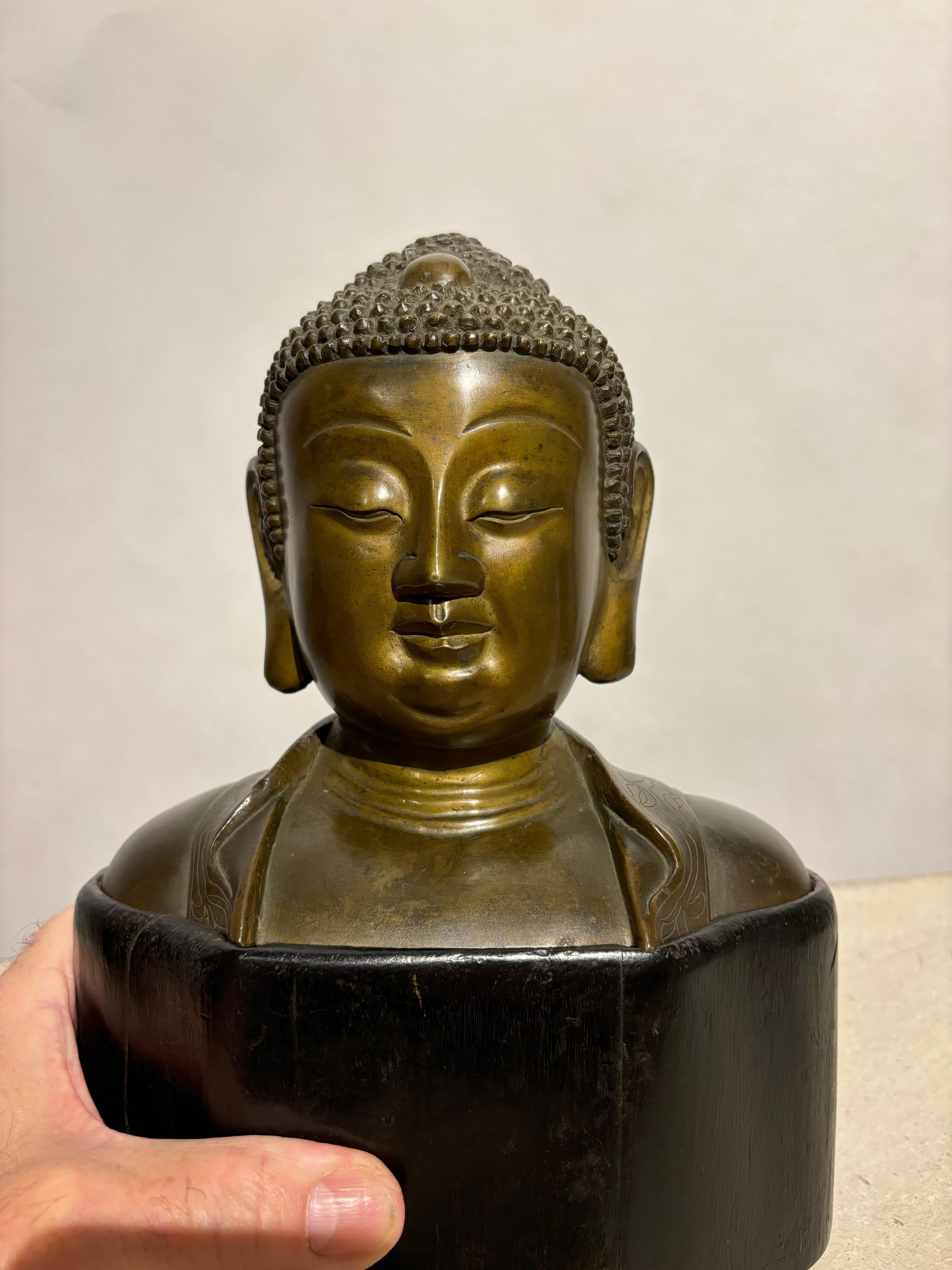 19th Century Bronze Bust of Buddha on a Wooden Base For Sale 6