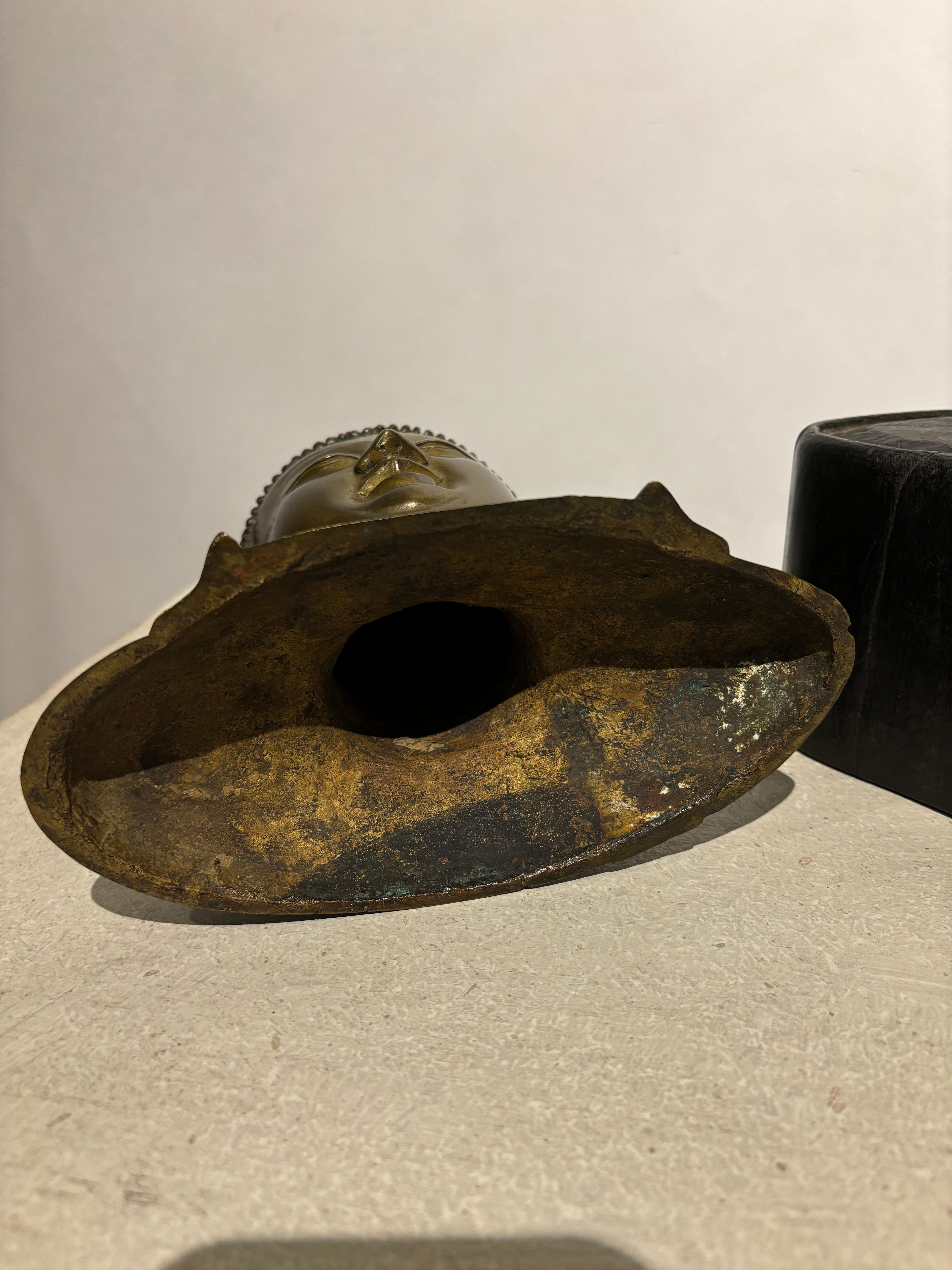 19th Century Bronze Bust of Buddha on a Wooden Base For Sale 8