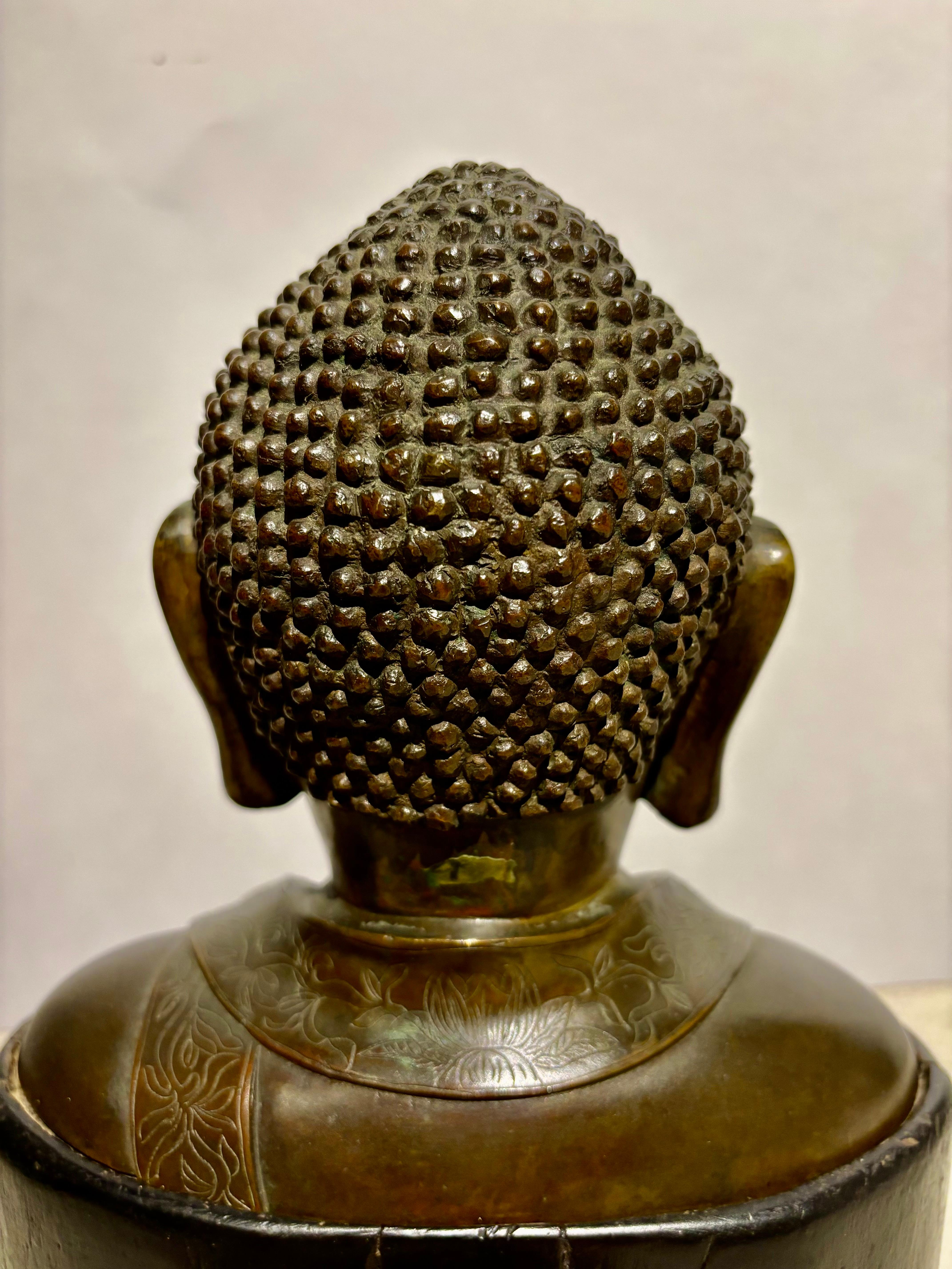 19th Century Bronze Bust of Buddha on a Wooden Base For Sale 11