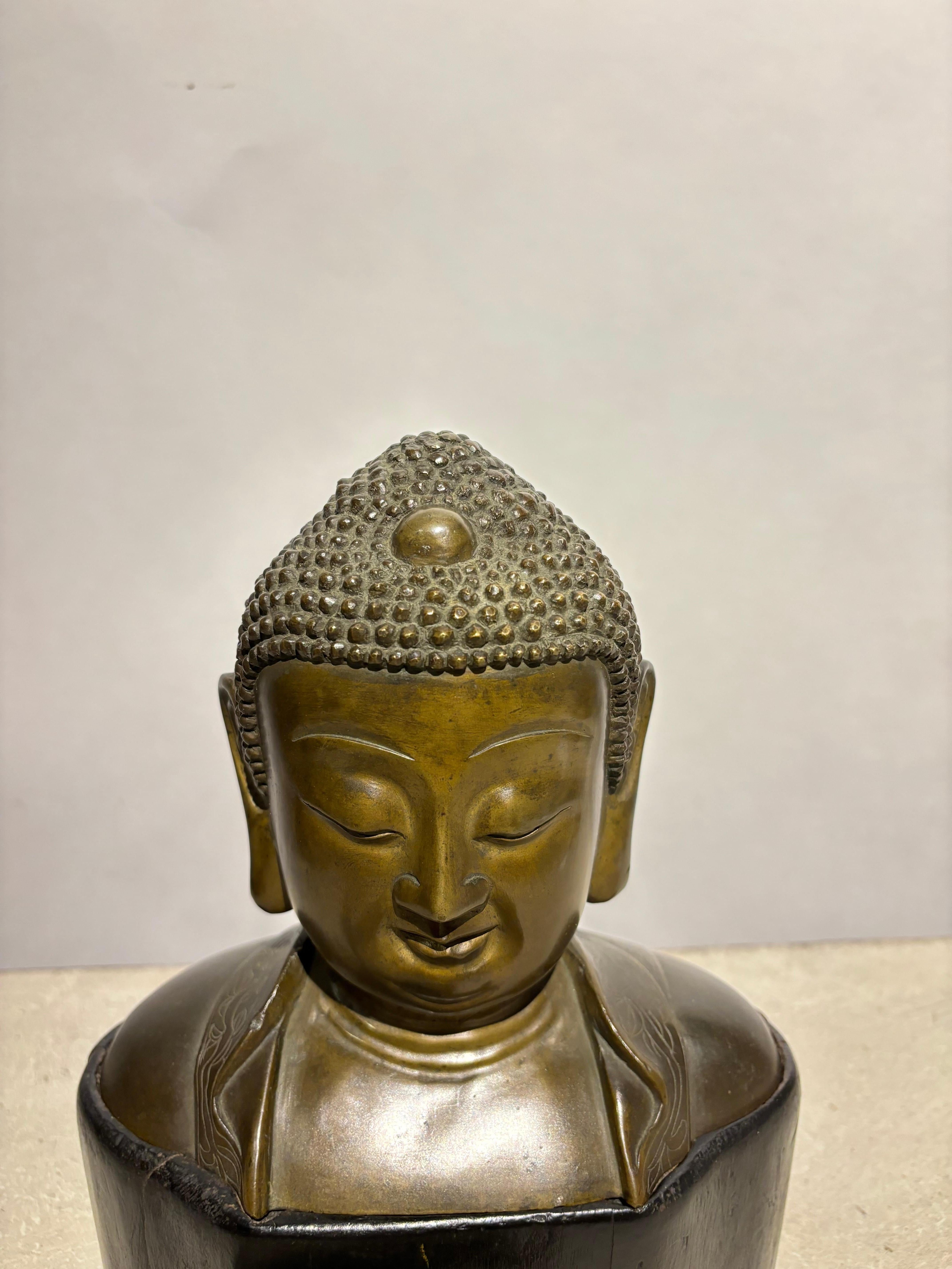 19th Century Bronze Bust of Buddha on a Wooden Base For Sale 2