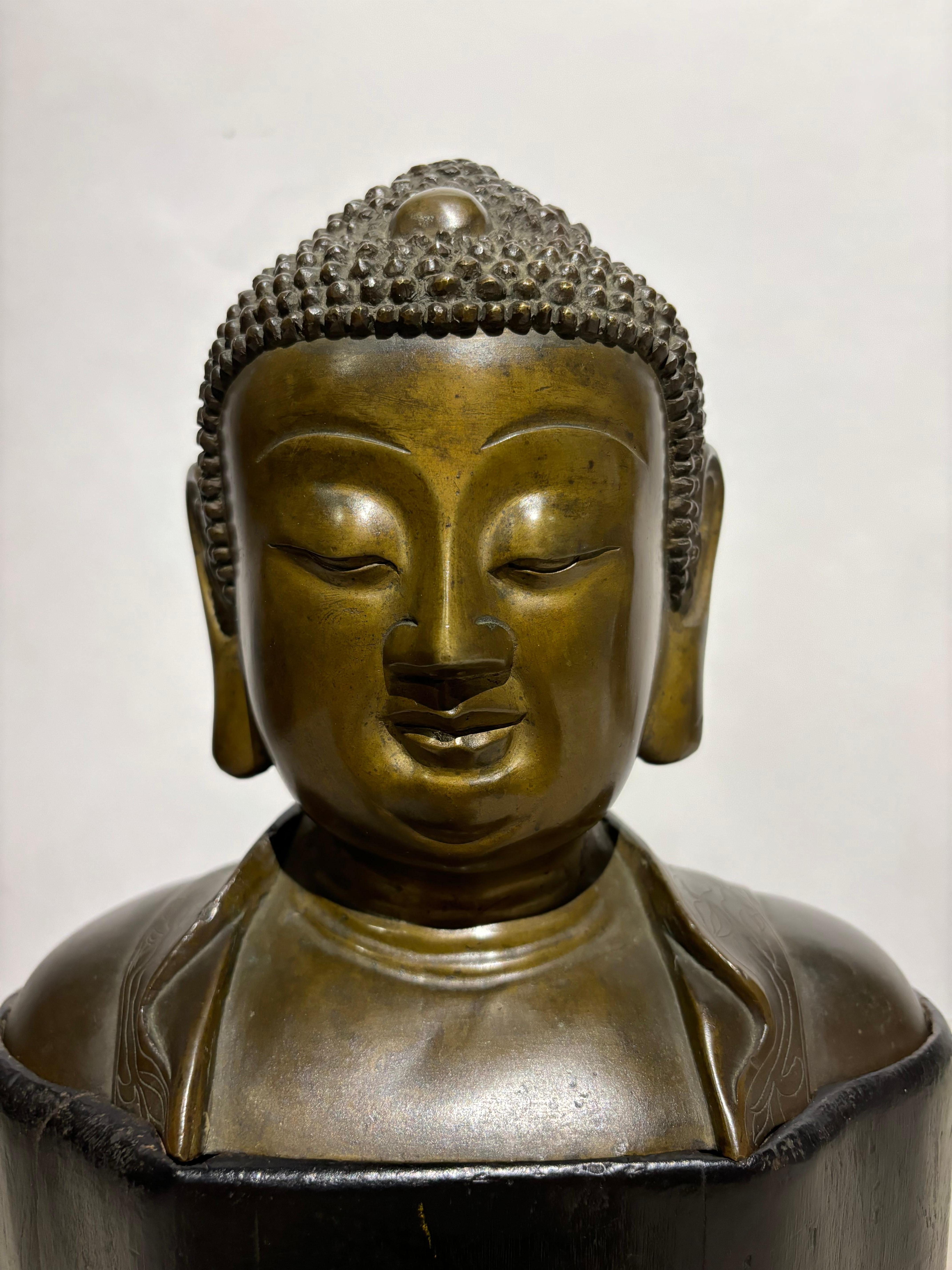 19th Century Bronze Bust of Buddha on a Wooden Base For Sale 3