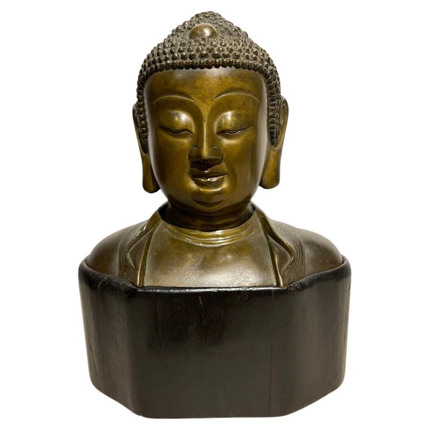 19th Century Bronze Bust of Buddha on a Wooden Base For Sale