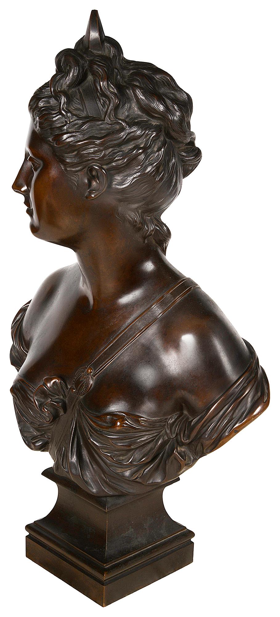 Patinated 19th Century Bronze bust of Diane de Houdon, Signed Bulio For Sale