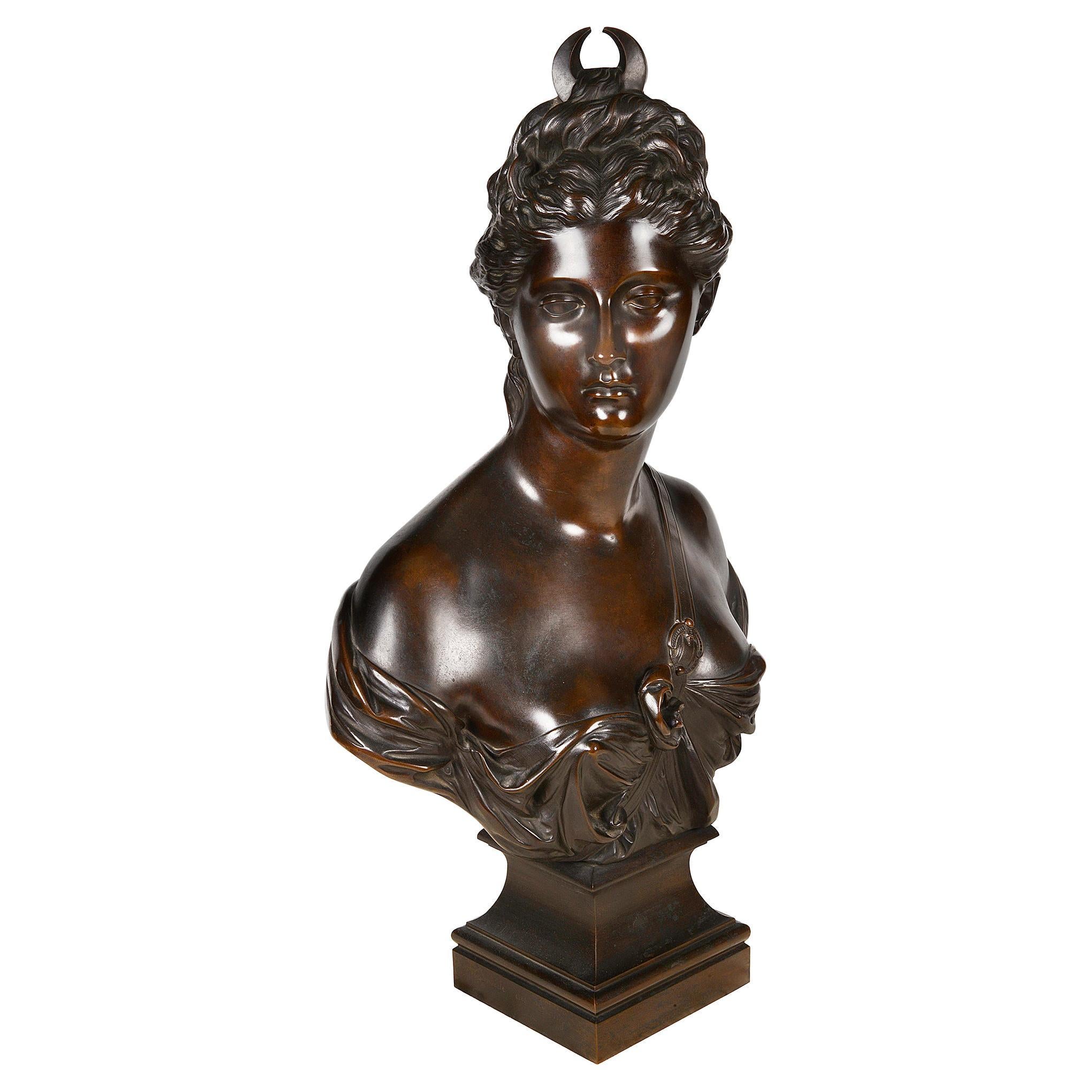 19th Century Bronze bust of Diane de Houdon, Signed Bulio For Sale